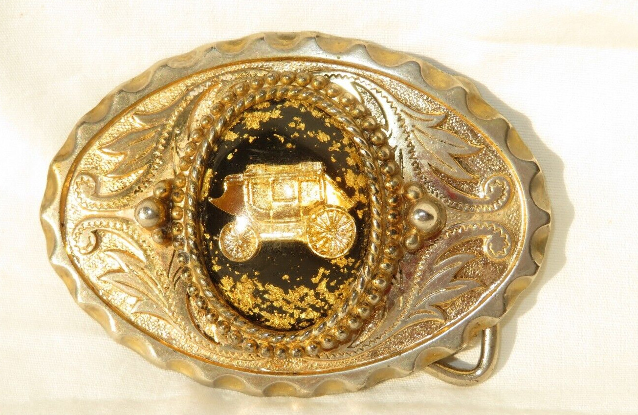 Belt Buckle Western Style Gold Tone Oval Stage Coach Gold Flake Inlaid Vintage