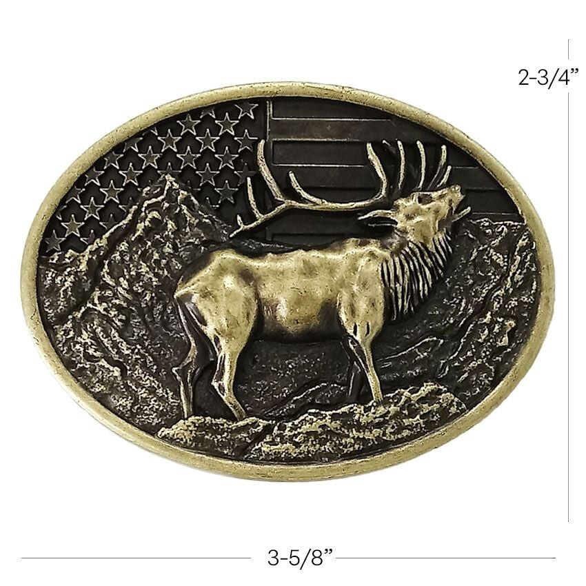 Belt Buckle Metal Elk Deer American Flag Cowboy Hunter Outdoors Fits 1.5&Prime; Belts