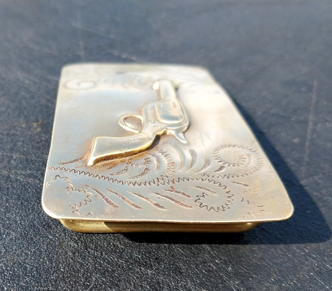 Vintage Western Brass Belt Buckle Embossed Revolver Gun Pistol Solid Bar RARE