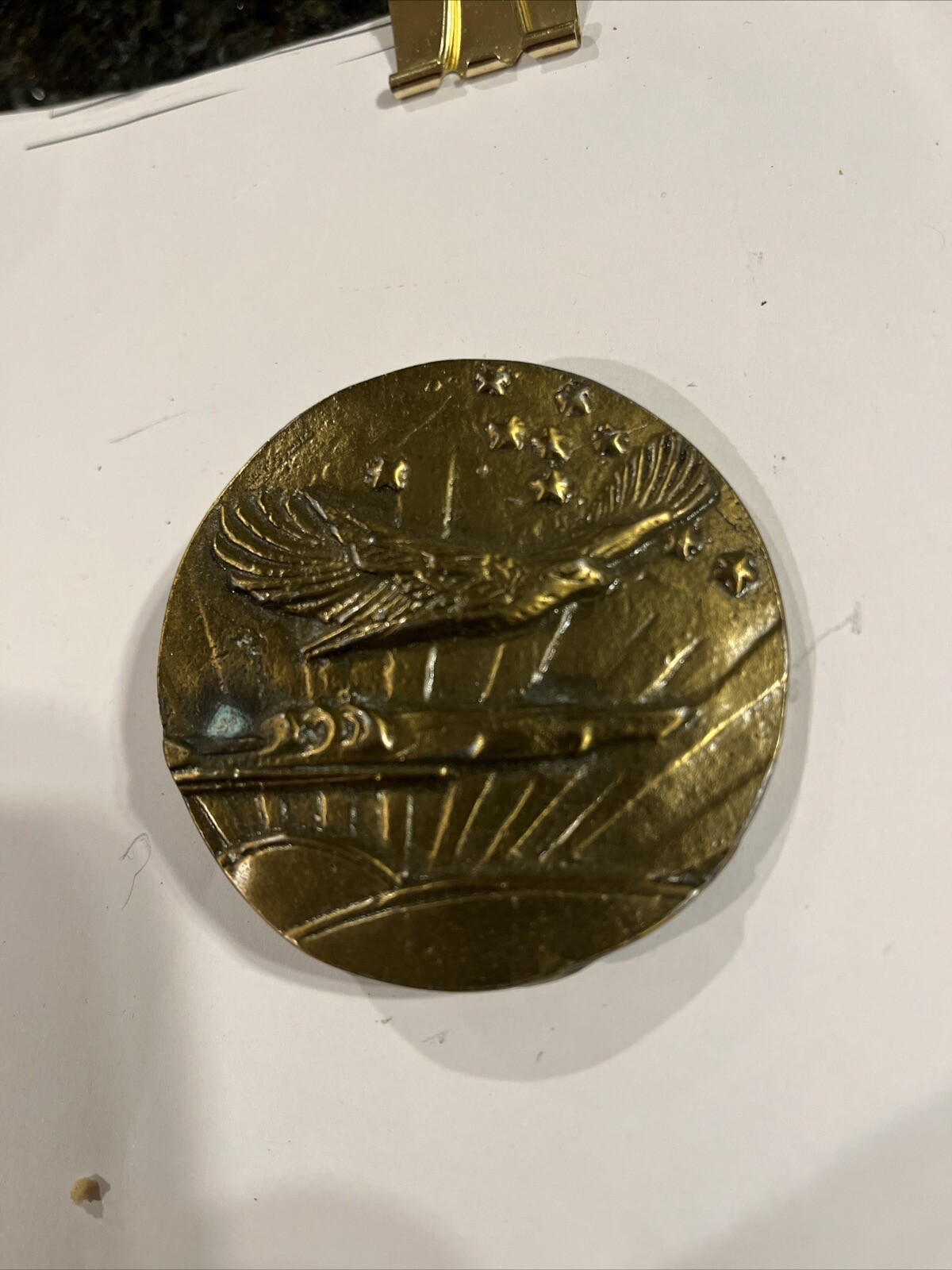Vintage Belt Buckle BRASS American Eagle Flying in Sky 2.5&Prime; Round