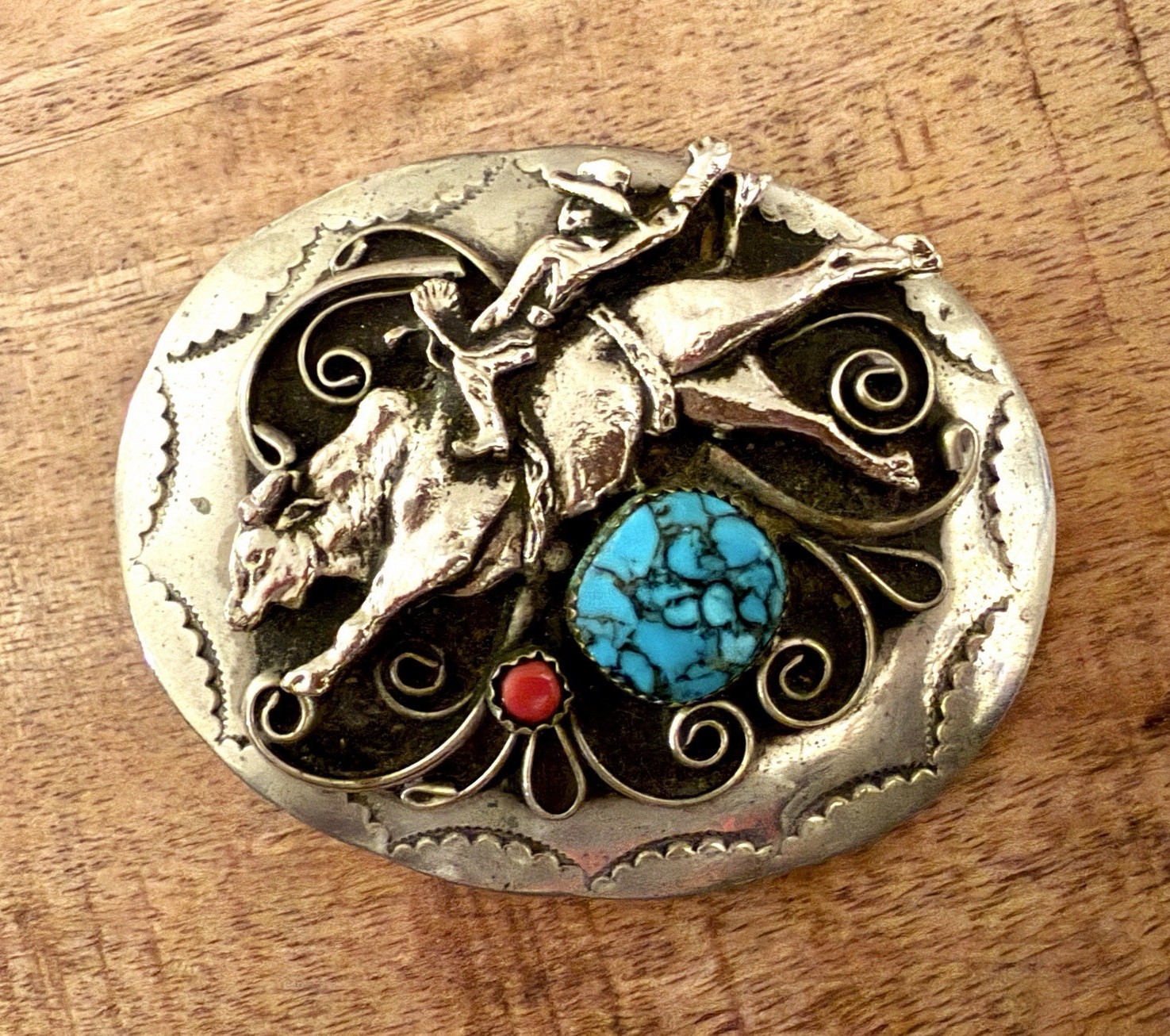 Handmade Bull Rider Turquoise Coral Rodeo Horse and Cowboy Men’s Belt Buckle