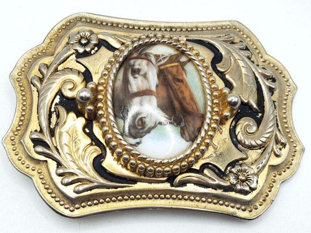 Vintage Two Horse Head Cameo Belt Buckle Equestrian Racing