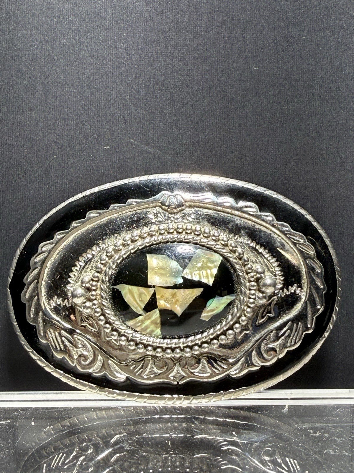 Ladies Western Oval Silver Tone Belt Buckle Black Inlay With Abalone