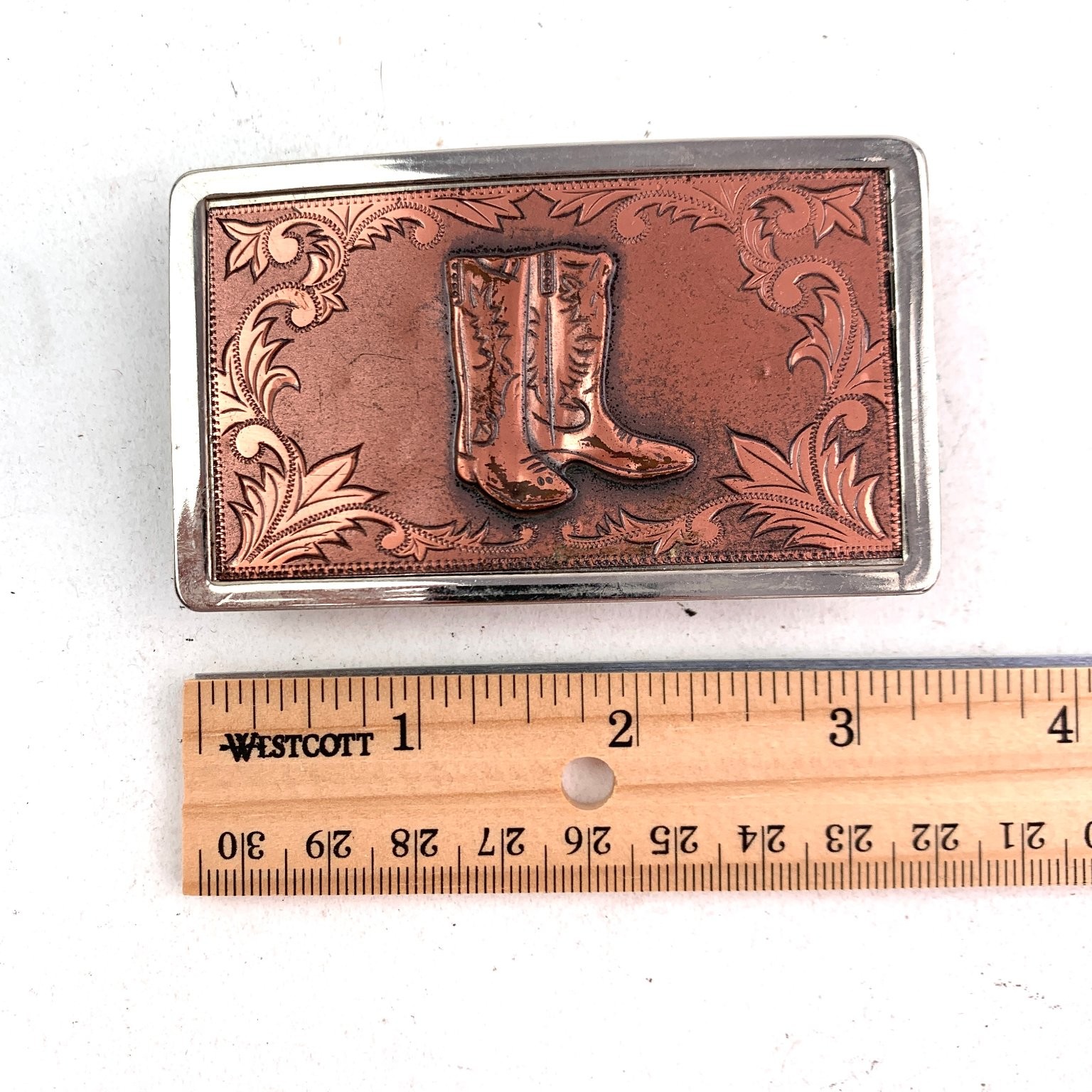 Western Cowboy Boots Belt Buckle Copper Silver Tone Engraved