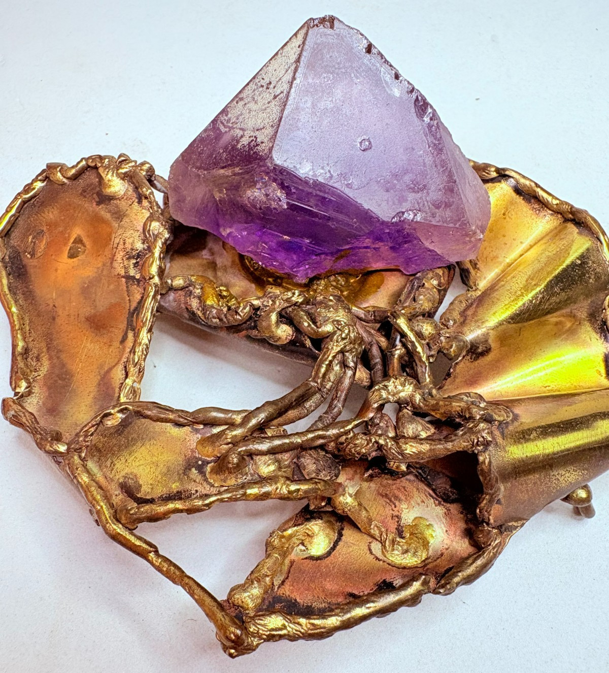Vintage Brutalist Modern Amethyst Brass Belt Buckle