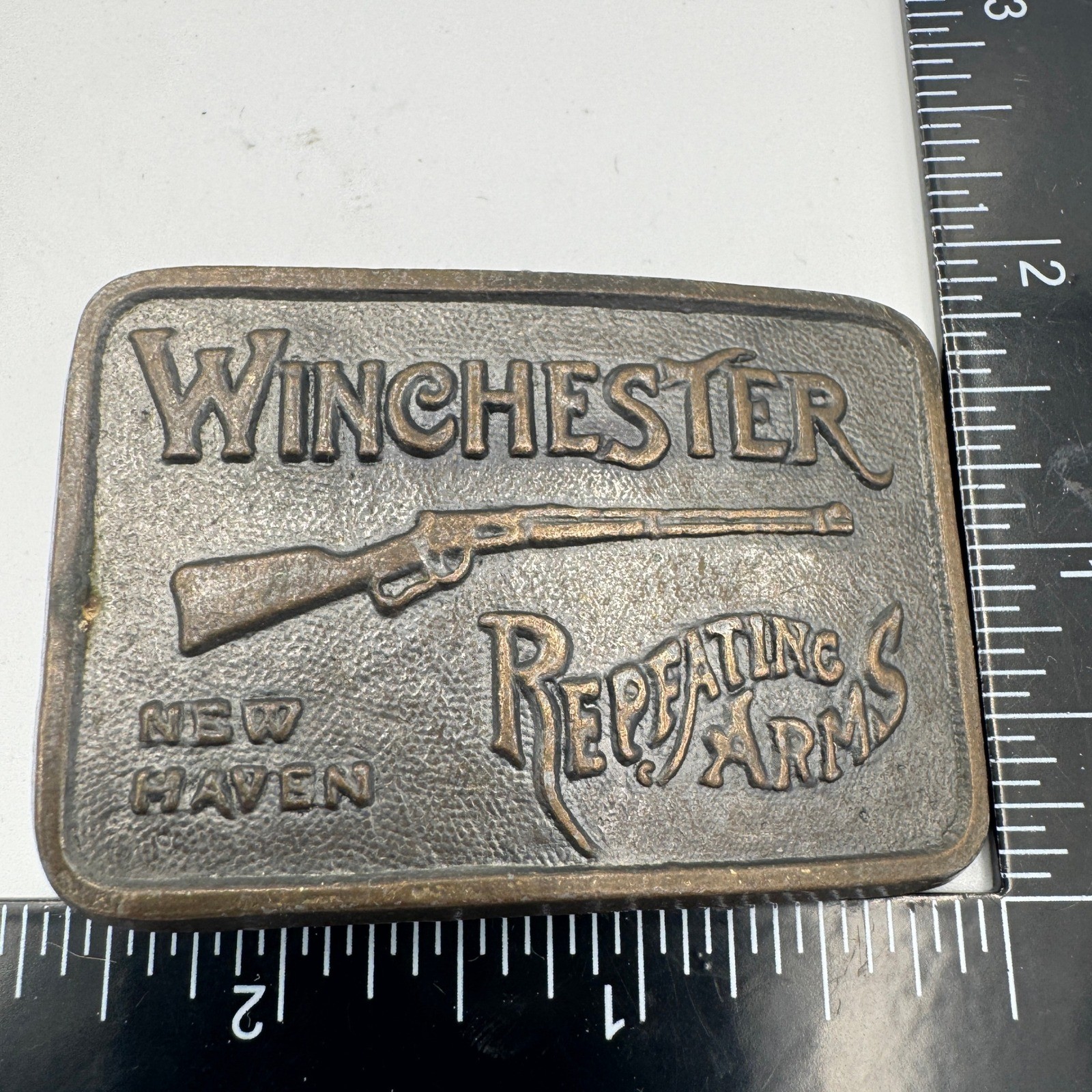 Winchester Repeating Arms Belt Buckle Vintage New Haven Rifle Brass Tone Metal