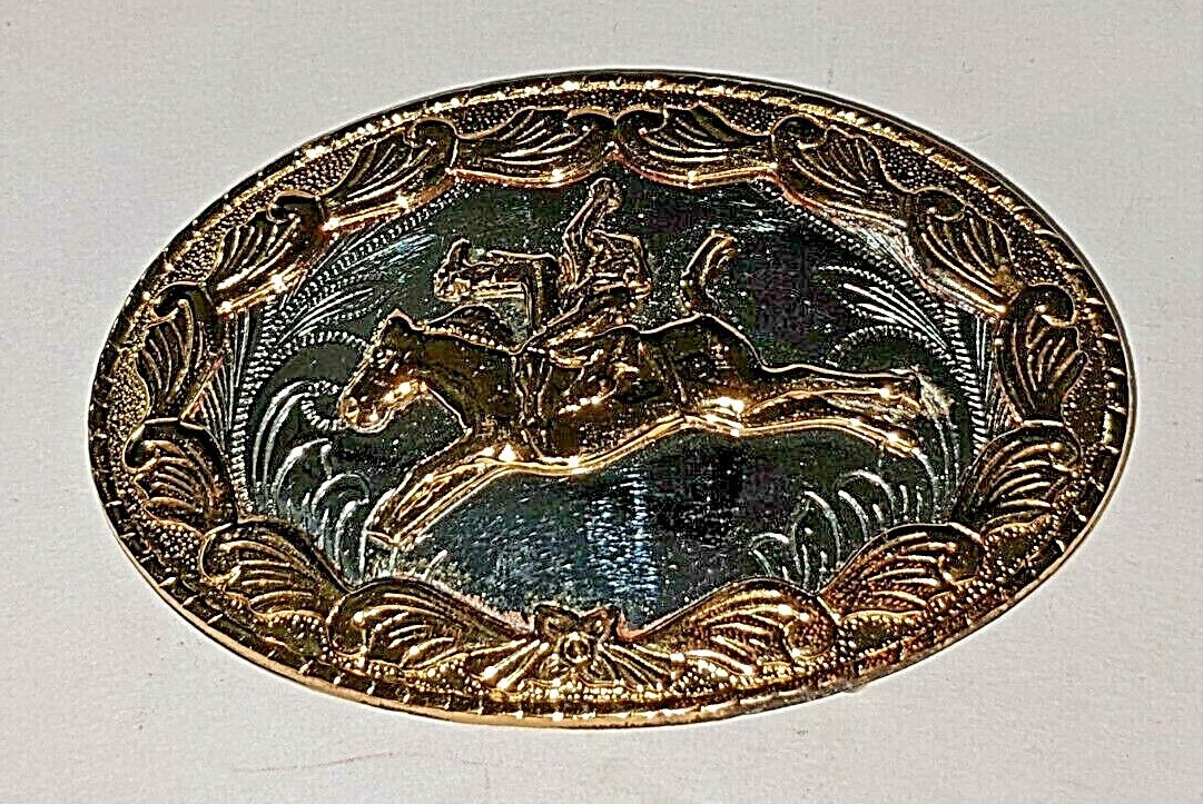 German Silver Rodeo Cowboy Bucking Bronco Horse Belt Buckle Vintage RARE HTF EUC