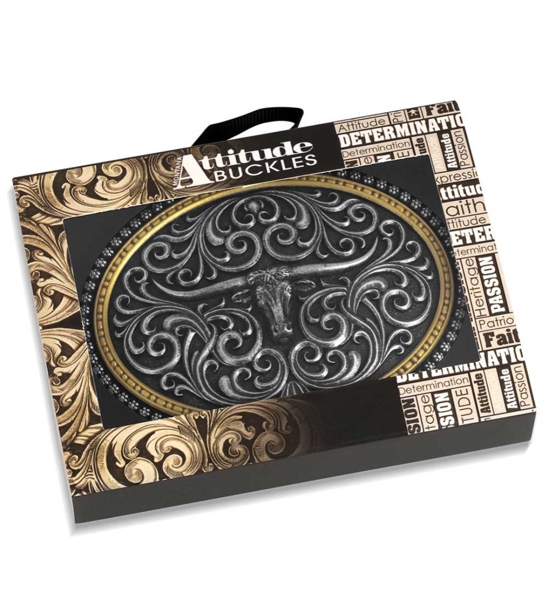 Montana Silversmiths Longhorn Two Tone Stockyard Belt Buckle NEW NIB