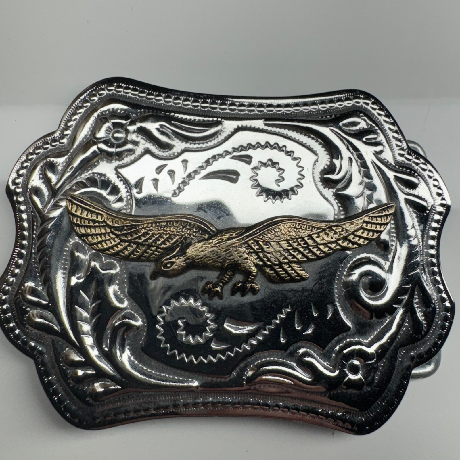 Western Eagle Belt Buckle Silver Tone Gold Tone Ornate Floral Design Cowboy