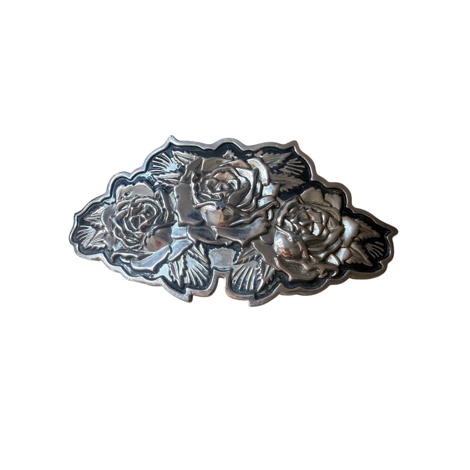 Vintage Famous Stars & Straps Rose Floral Belt Buckle Silver Tone Gothic Emo