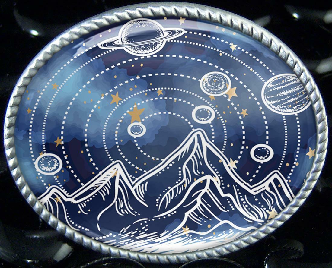 Outer Space Belt Buckle – Planets + Stars Sci-fi Handmade Silver Buckle – 13