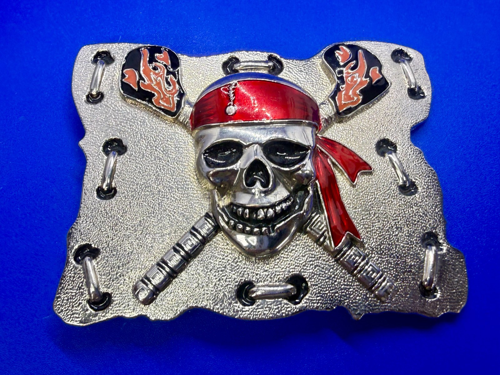 Raised Pirate Skull in Red Bandana Swords Gothic Punk Biker Vibe Belt Buckle
