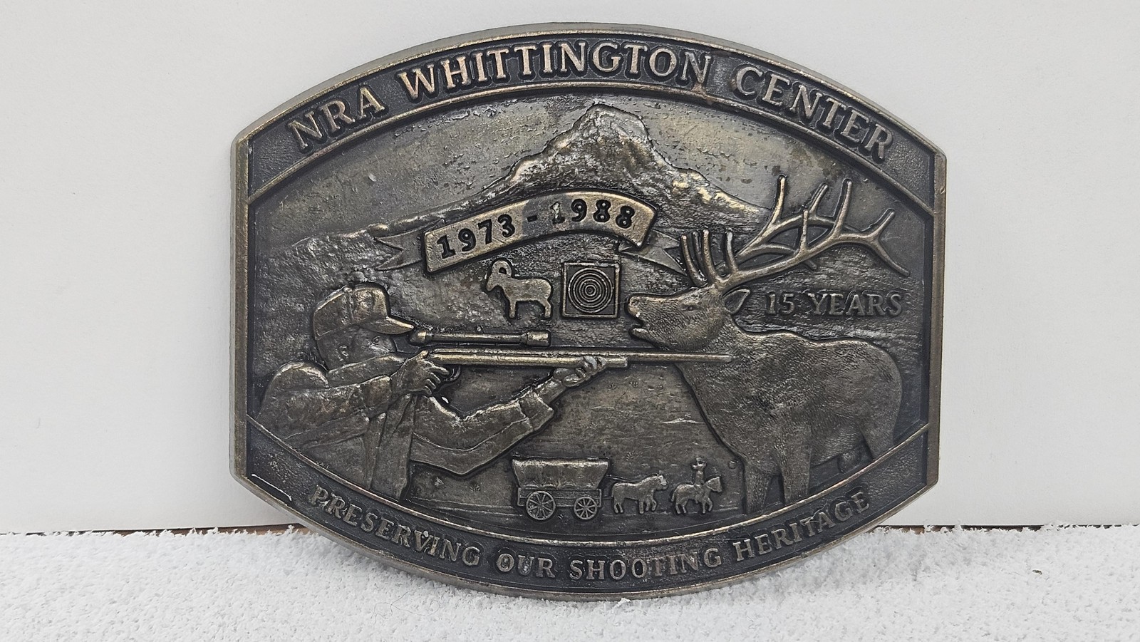 NRA Whittington Center Belt Buckle Mens Silver 1973-1988 Elk Deer Hunter USA