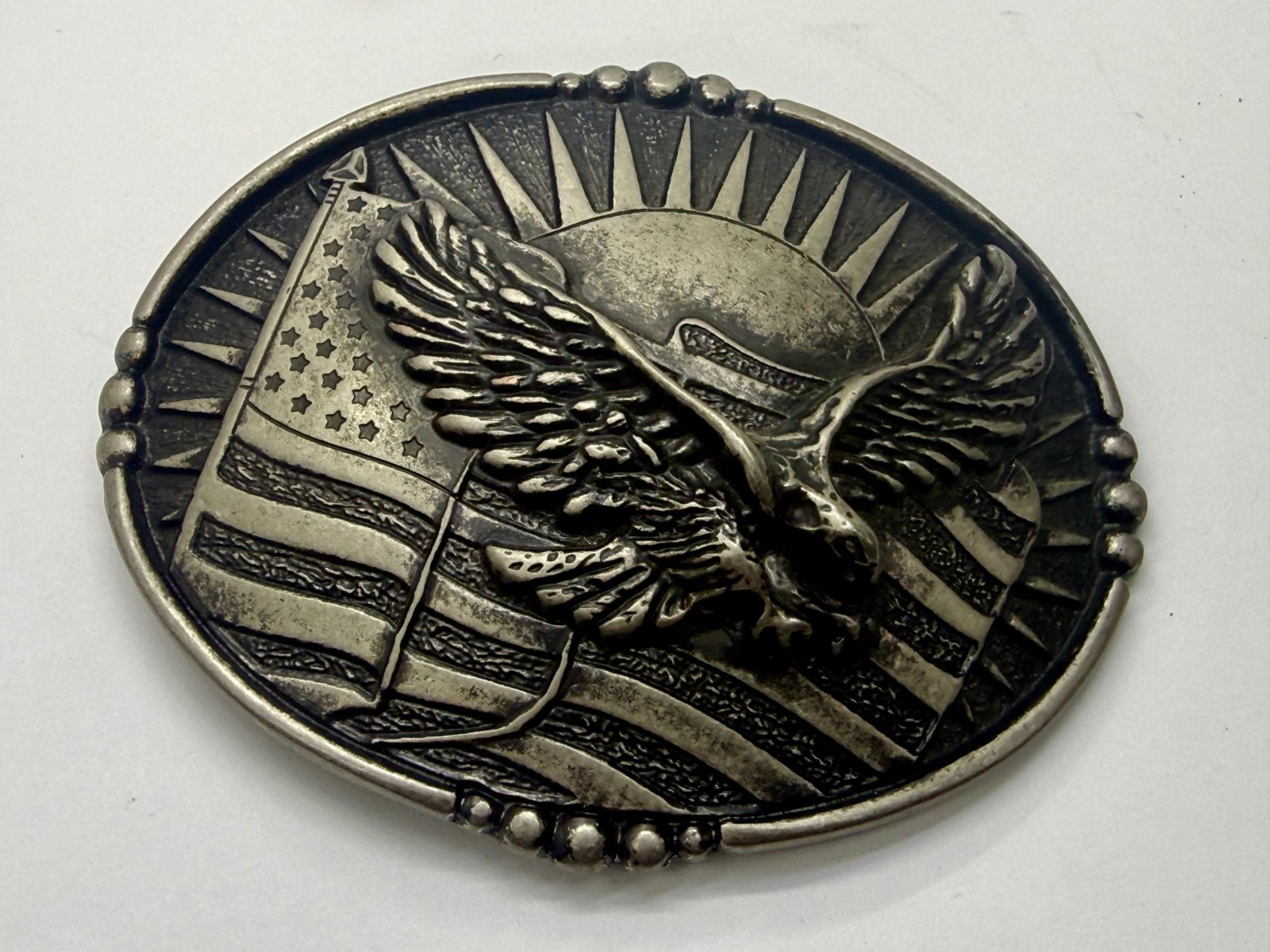 USA American Eagle Soaring Over Flag Sunrise Sunshine Patriotic Belt Buckle