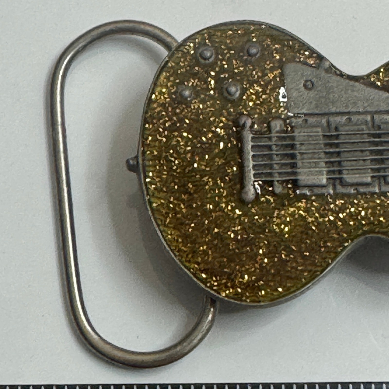 Bergamot Brass Works 1987 Guitar Belt Buckle Gold Glitter Made in USA