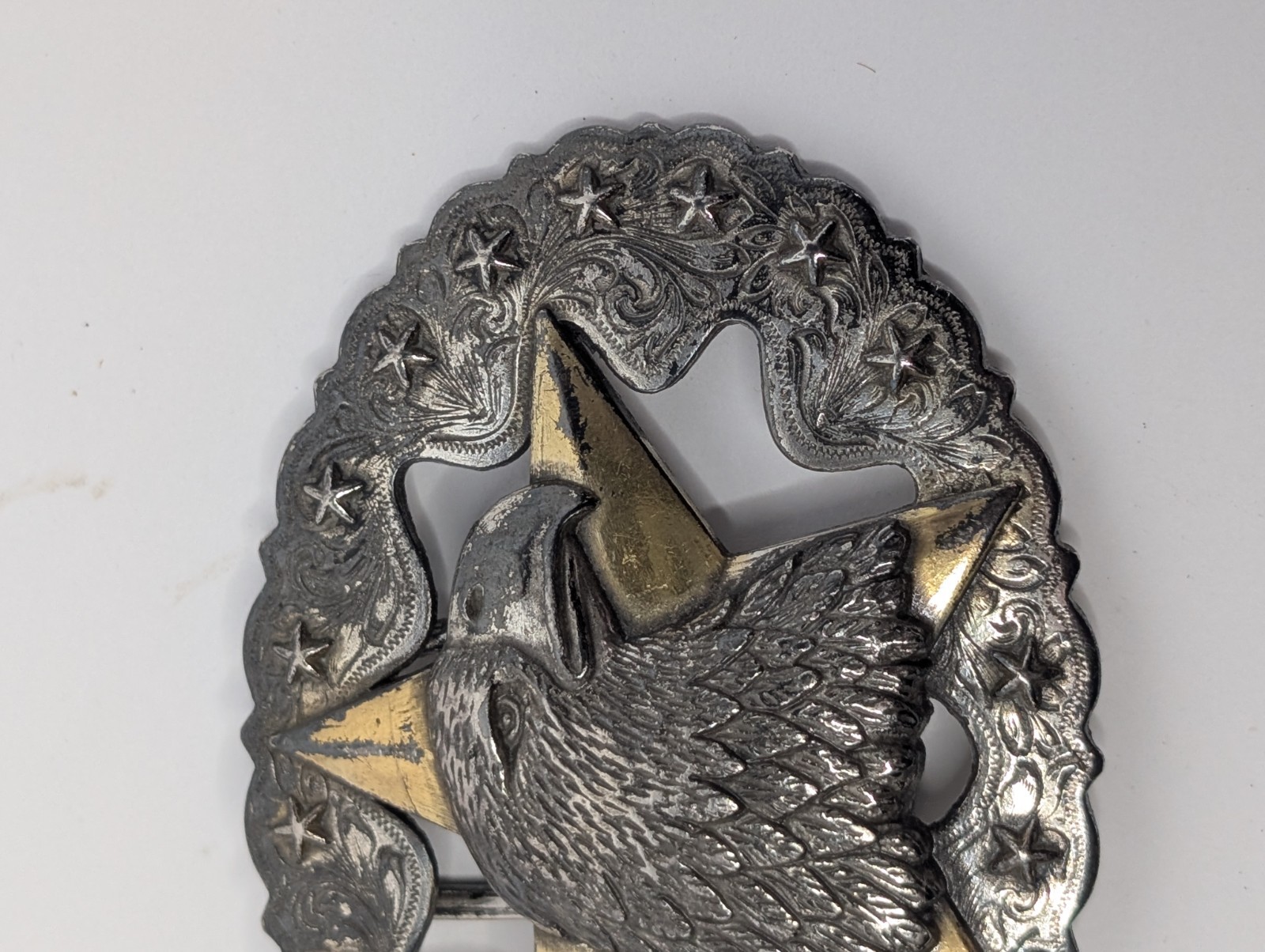 Vintage TLF Eagle Stars Engraved Scroll Silver and Gold tone Belt Buckle