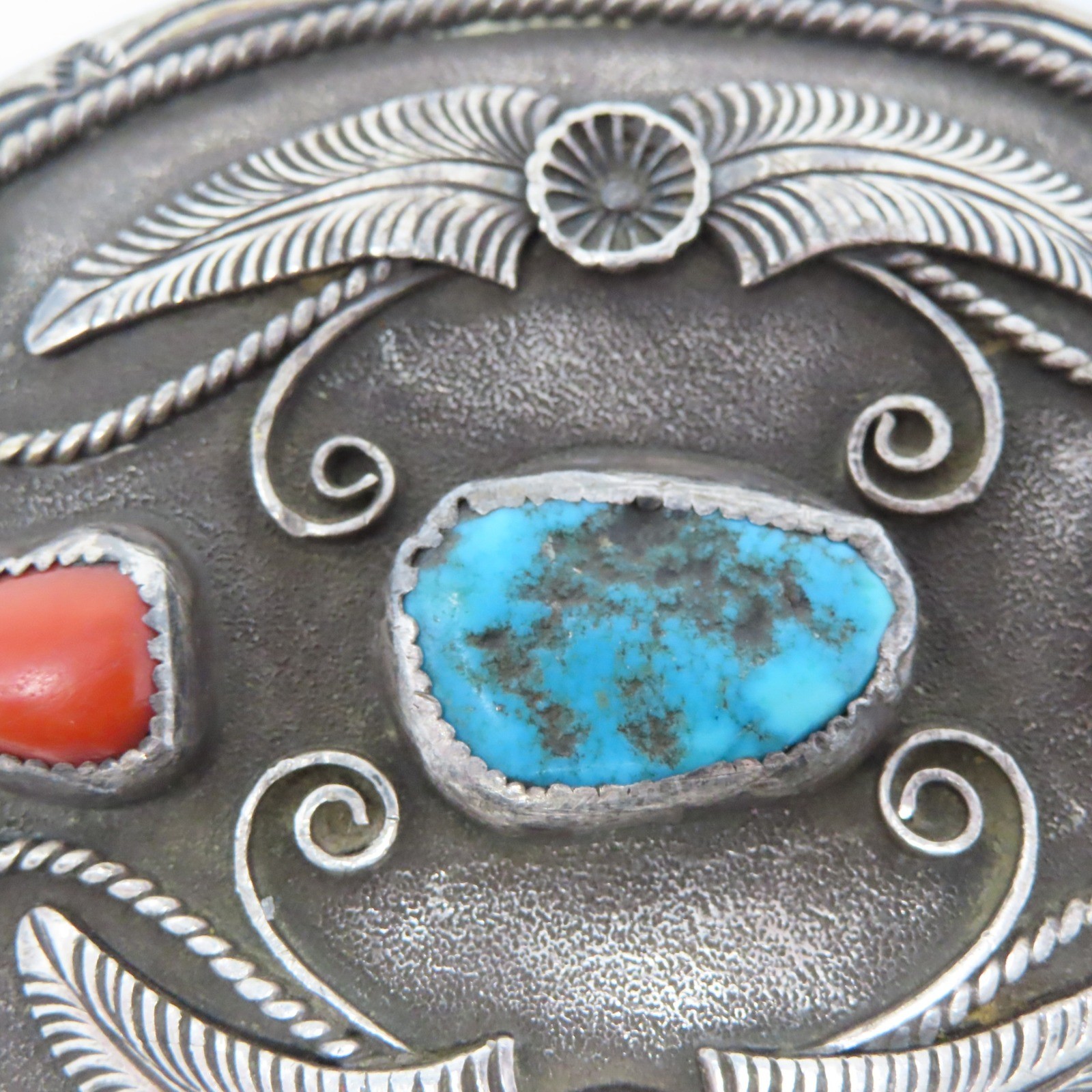 Al Joe Navajo Sterling Silver Turquoise Coral Belt Buckle Signed Artisan 76g