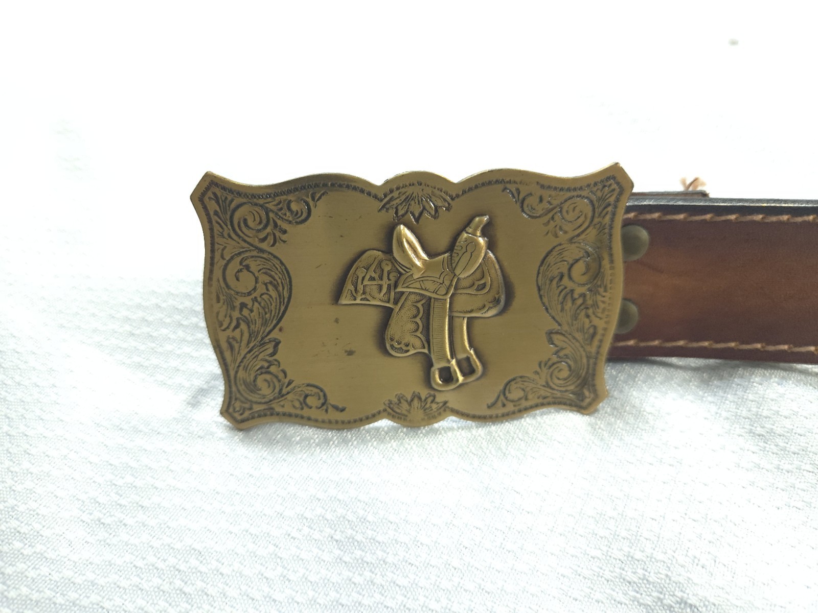 Vintage Western Belt Mens 34-36 Brown Brass Saddle Buckle 70s Cowboy Retro Style