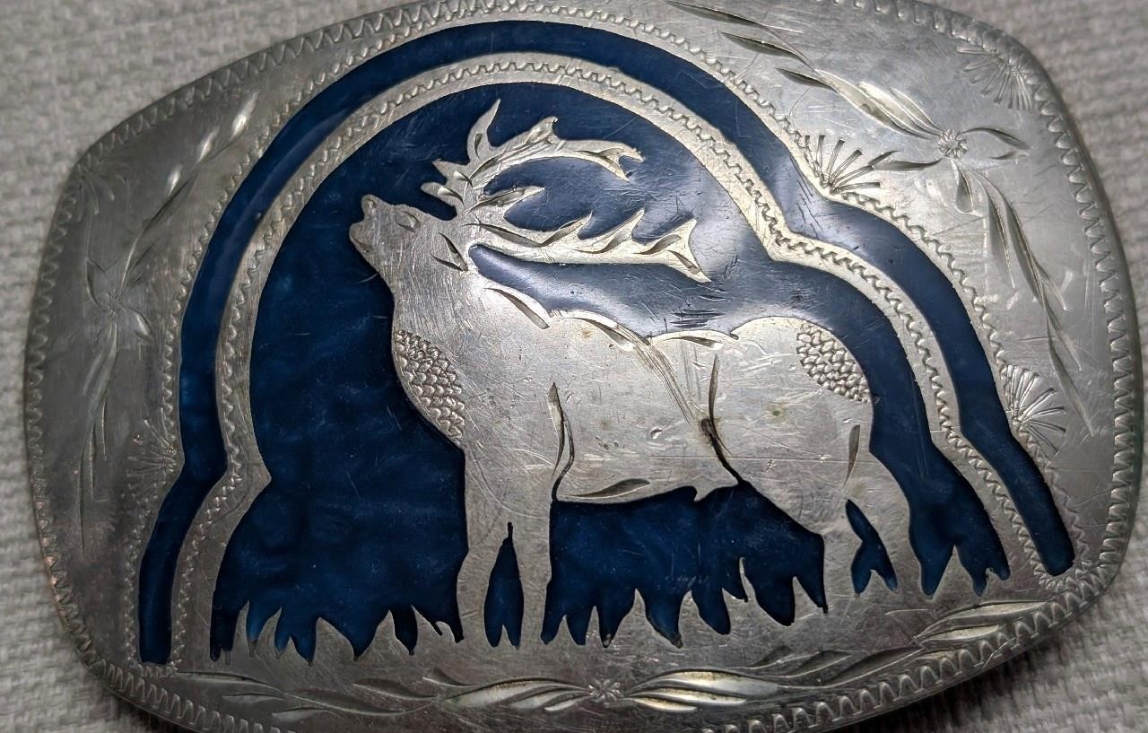 vintage ELK belt buckle HANDCRAFTED german silver WESTERN inlay ENGRAVED cowboy