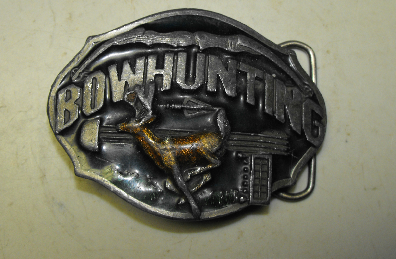 VINTAGE 1987 SISKIYOU DEER BOWHUNTING BELT BUCKLE PEWTER 3 1/4&Prime; X 2 1/2&Prime;
