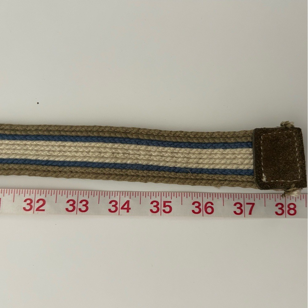 Banana Republic Tan Blue Striped Suede & Canvas Sold Brass Buckle Belt Small