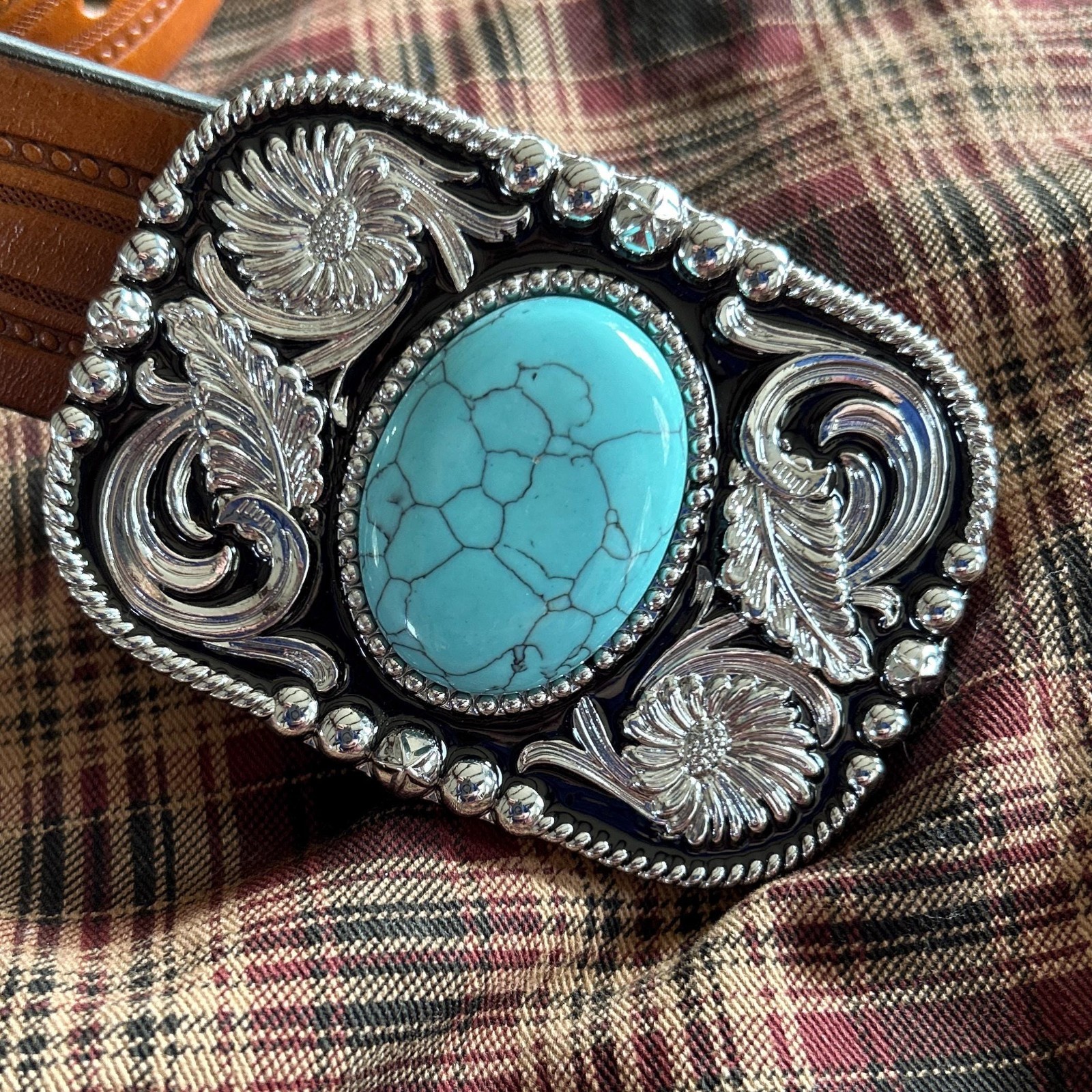 Silver Floral Western Belt Buckle Teal Stone Agate Cowboy Snap On 1.5in Strap