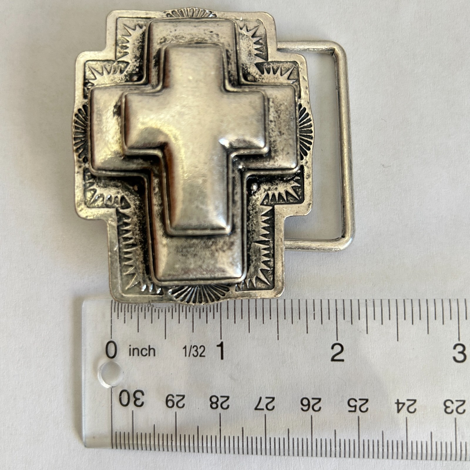 Cross Belt Buckle Ornate Christian Religious Gothic Silver metal western vintage