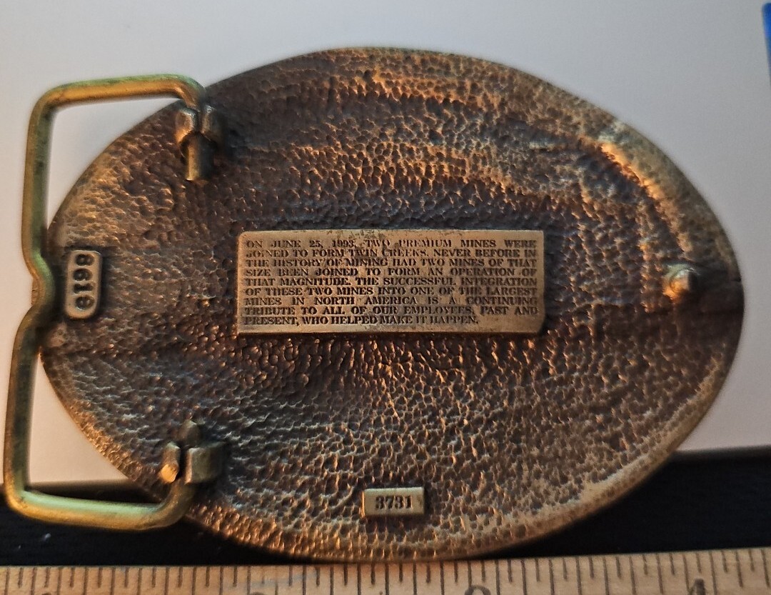TWIN CREEKS MINE Brass Belt Buckle 3.5&Prime; X 2.5&Prime;