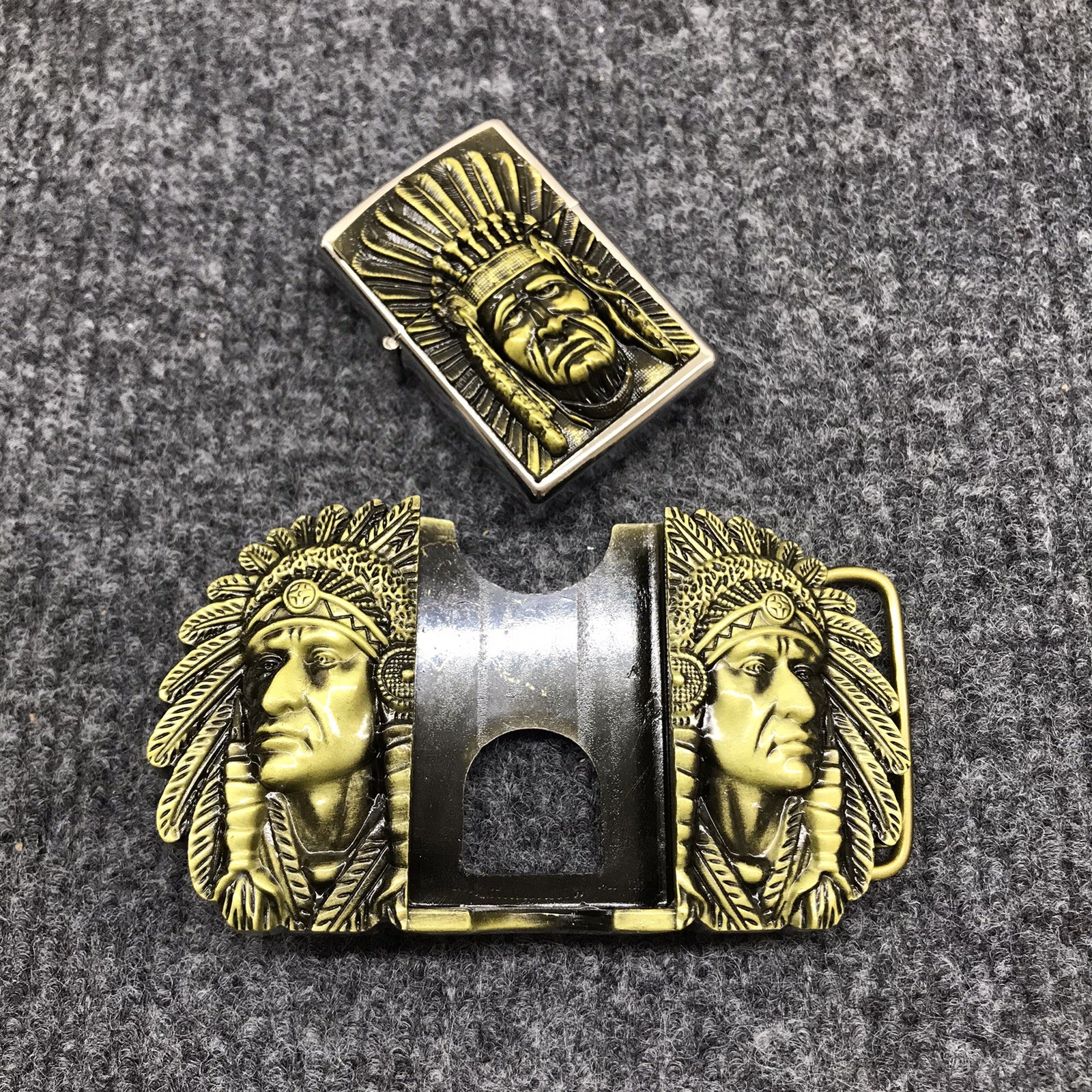 Antique Brushed Indian Chief Head Belt Buckle with Lighter, Stock in US