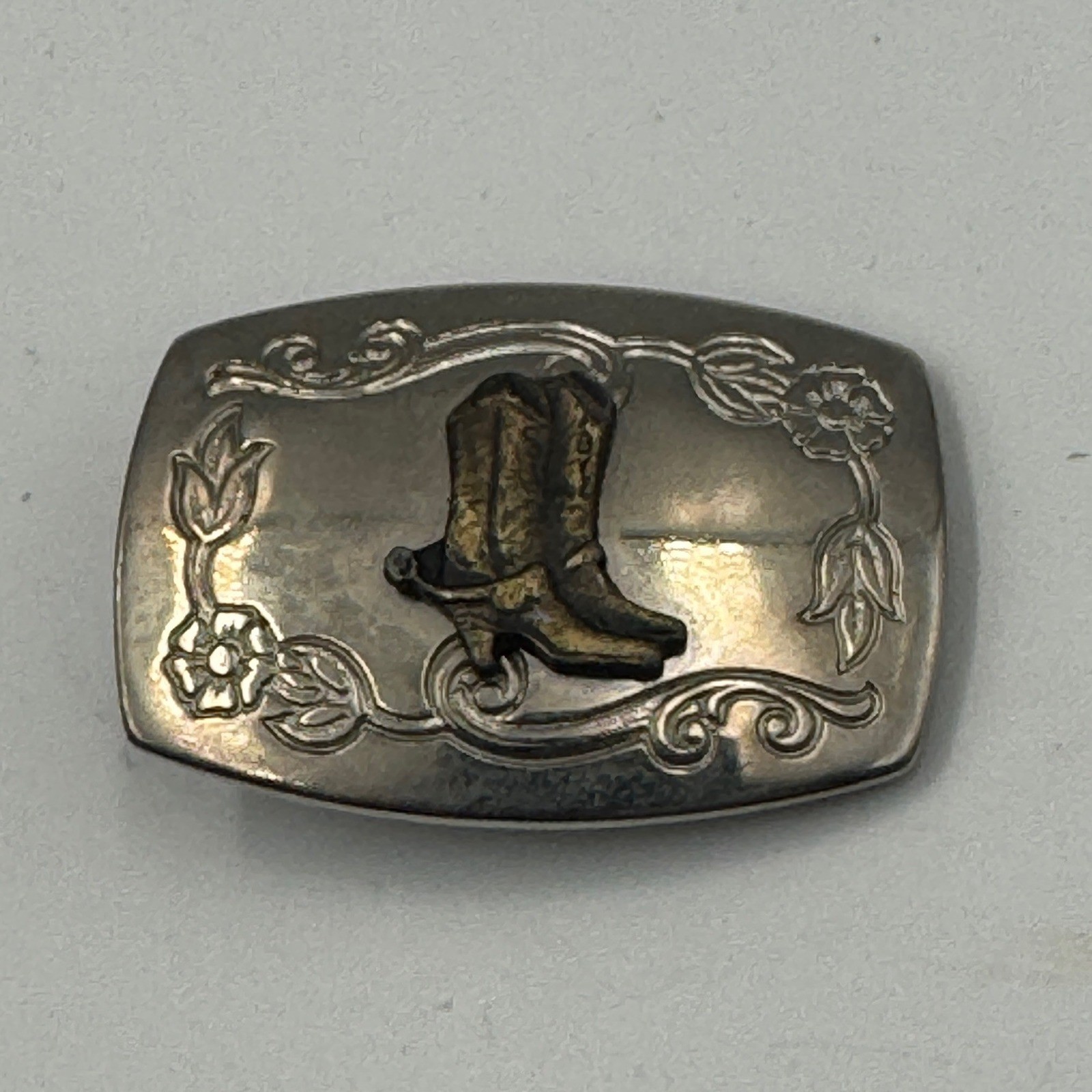 Vintage Western Cowboy Boots Belt Buckle Silver Brass Tone Floral Made in USA