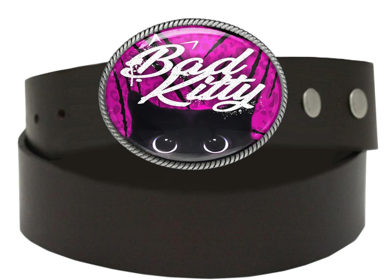 Bad Kitty Cat Hot Pink Leopard Print Handmade Artisan Belt Buckle