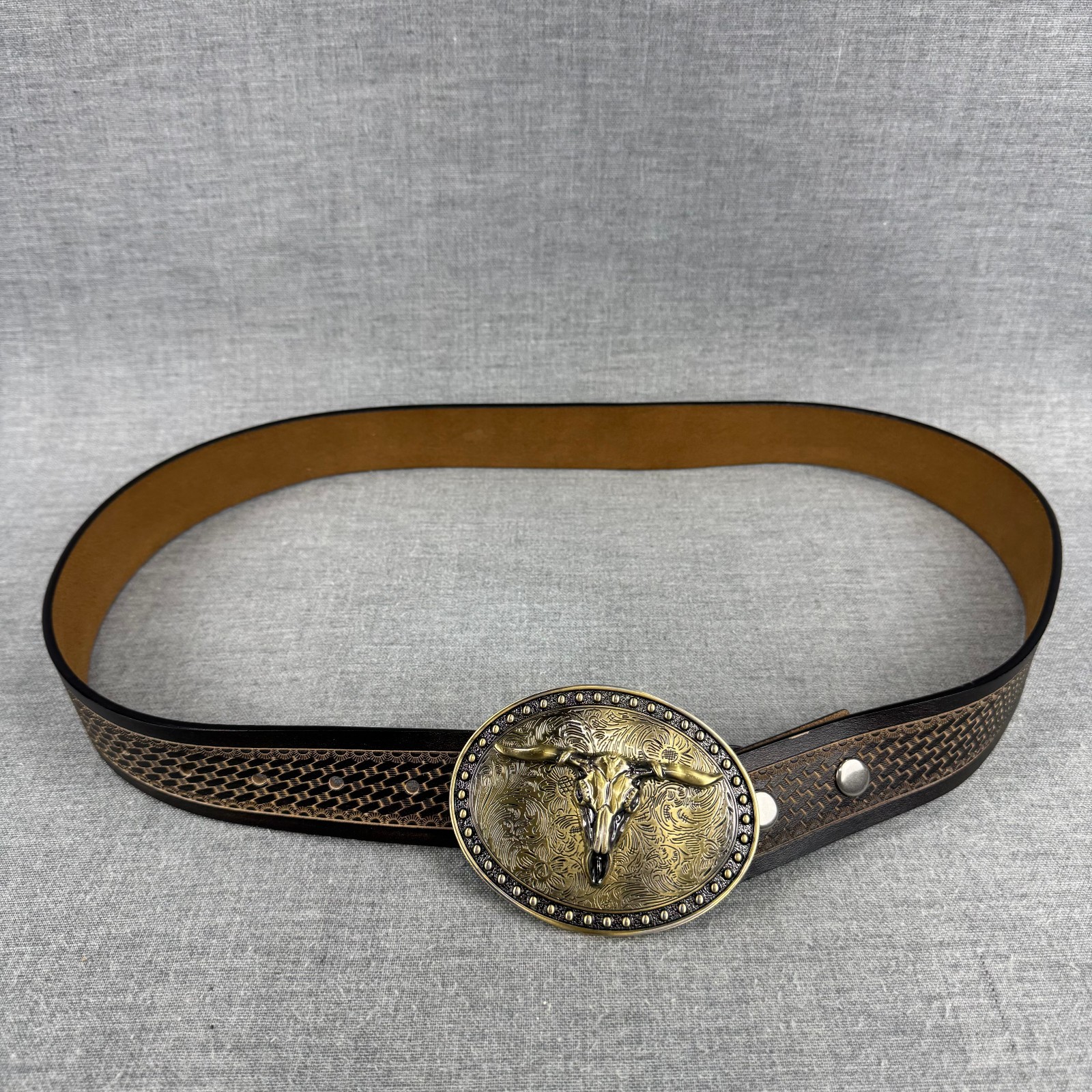 Bison Denim Brown Leather Belt 110cm 43 in Ornate Longhorn Buckle Western
