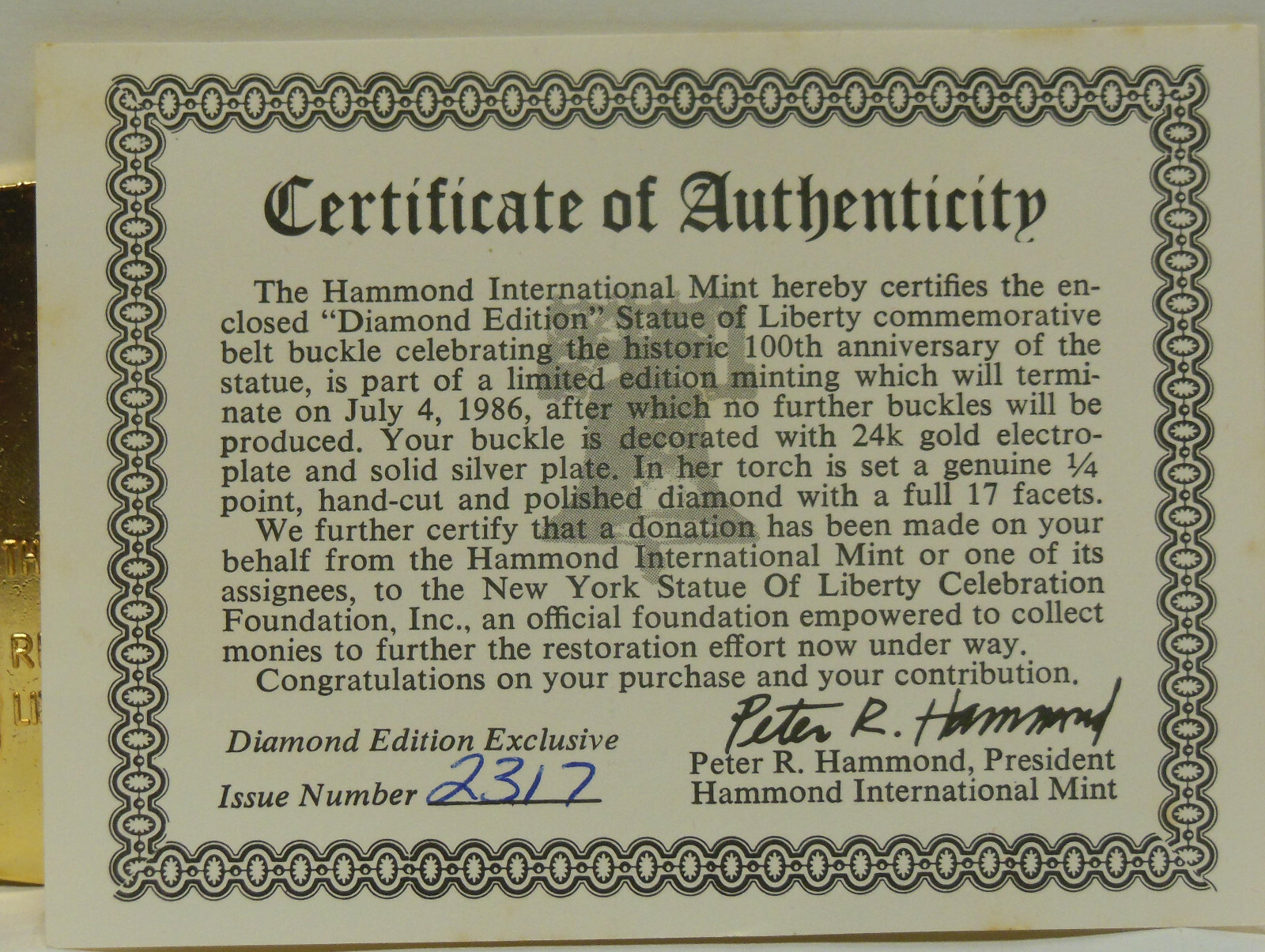 Hammond Mint Diamond Edition Statue of Liberty Buckle & Key Chain w/ COA