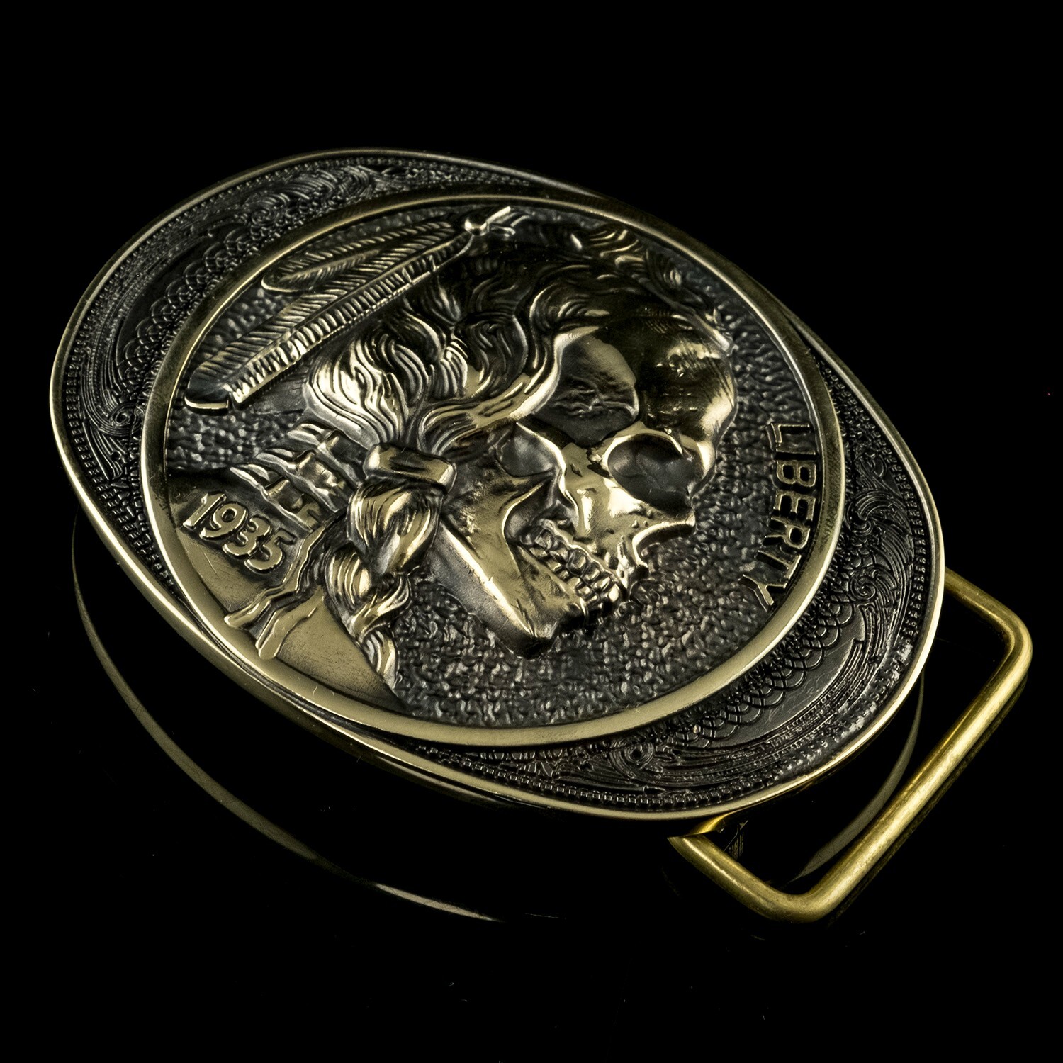 Indian chief skull brass, belt buckle, Liberty 1935 coin, Chief Indian head