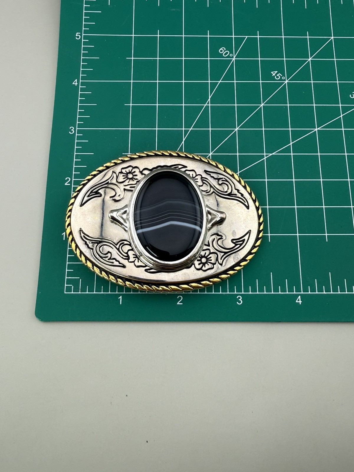 Black Banded Agate Western Belt Buckle Gold Rope Trim Floral Scroll