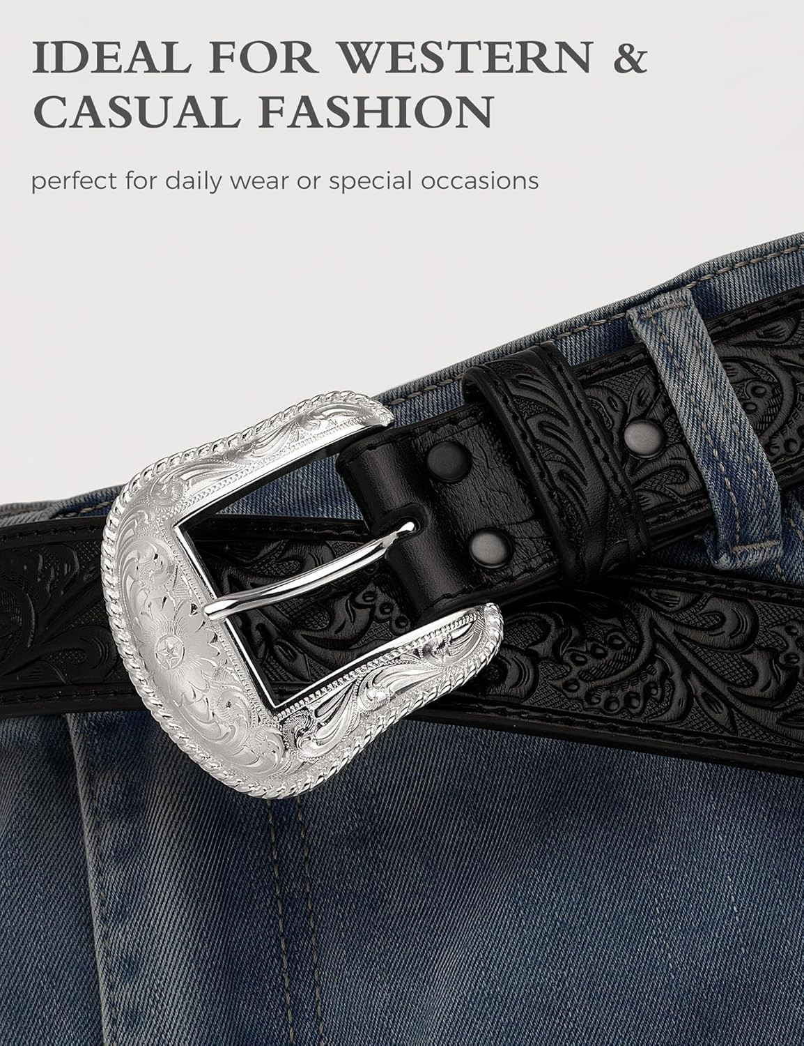 Western Belt Buckle for Men & Women – Silver Cowboy Buckle, Engraved Floral Desi