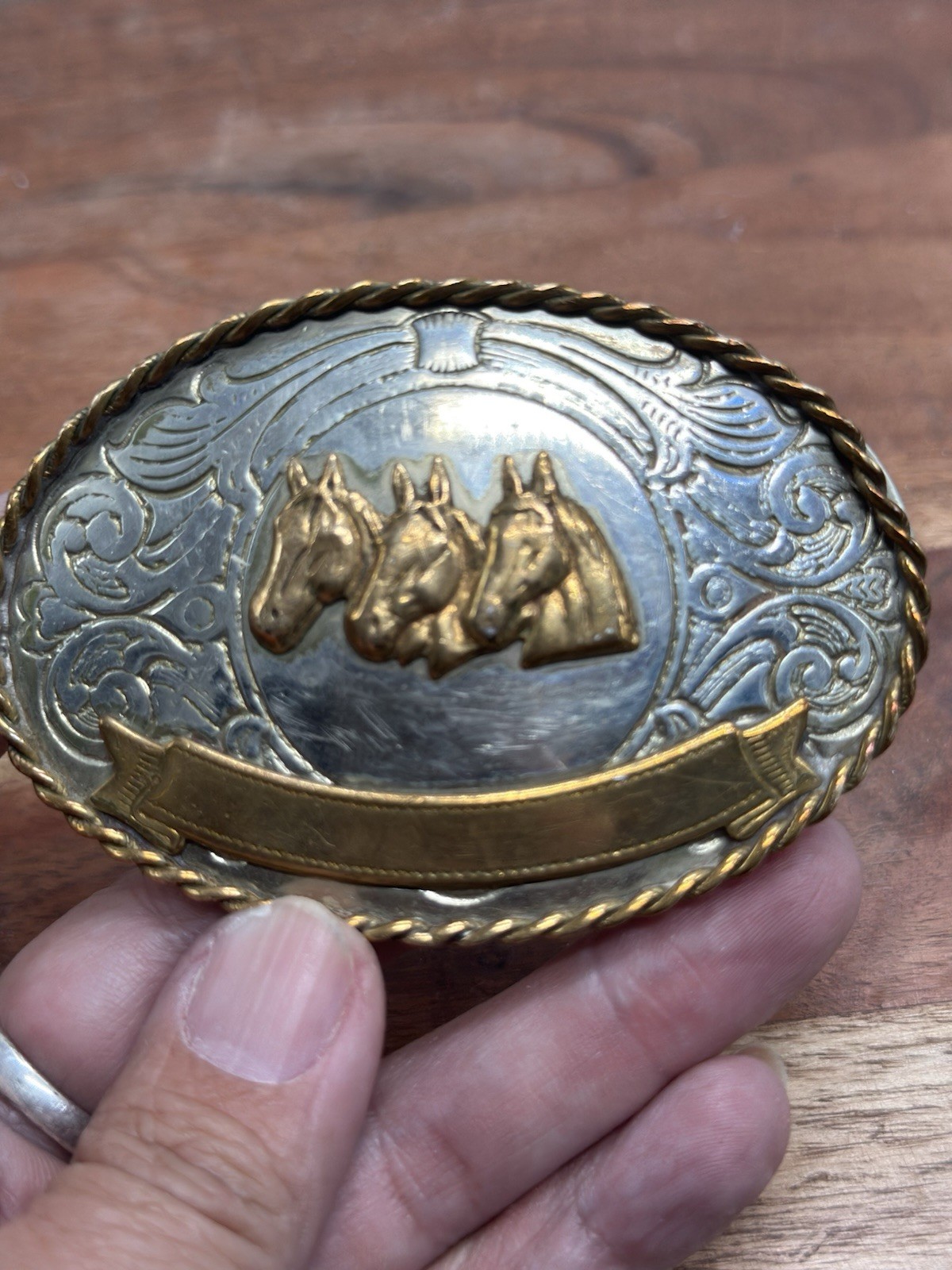VINTAGE Western German Silver / Brass Triple Horse Head Portrait Engraved Buckle