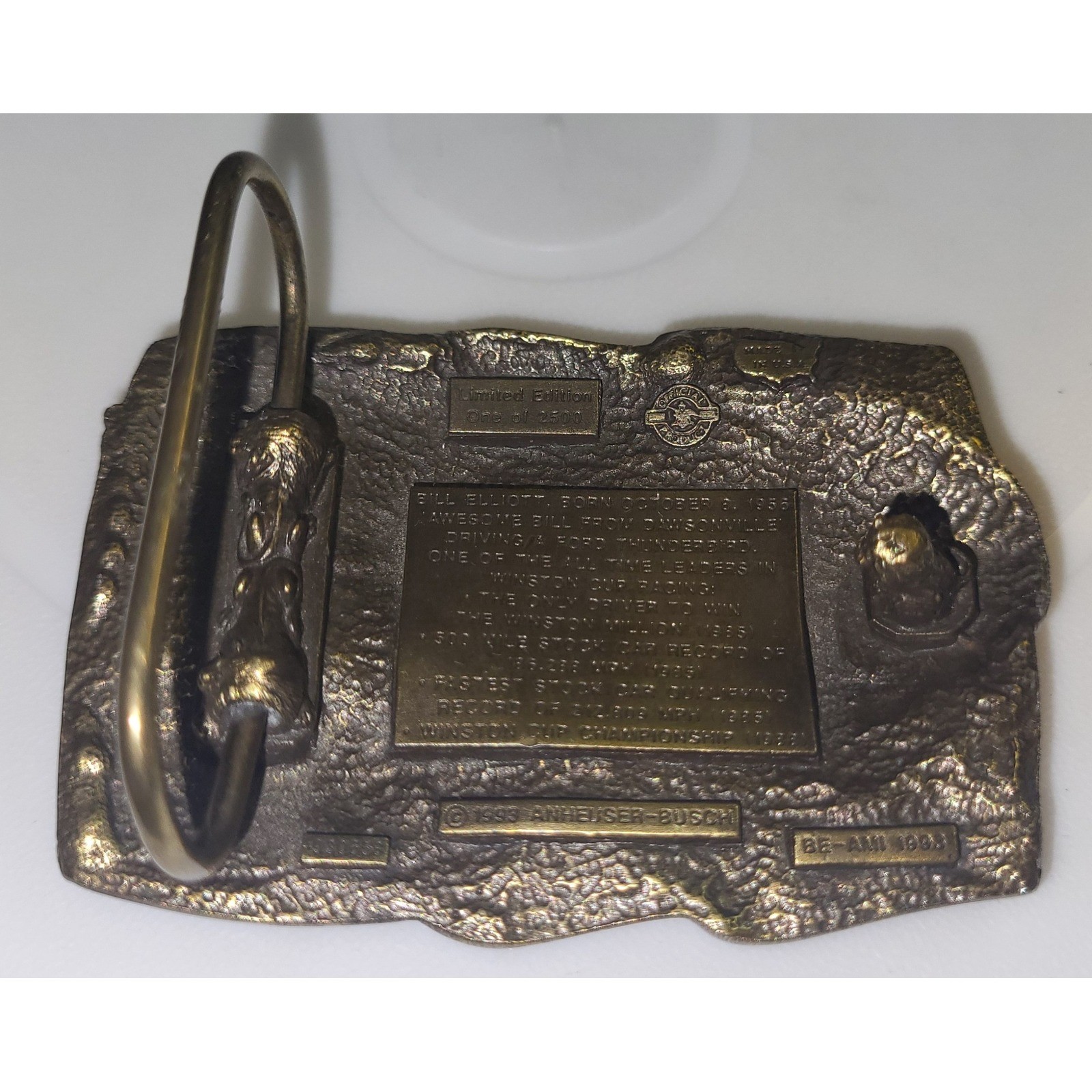 Anheuser-Busch Belt Buckle Mens Bronze Bill Elliott NASCAR Limited Ed Vintage