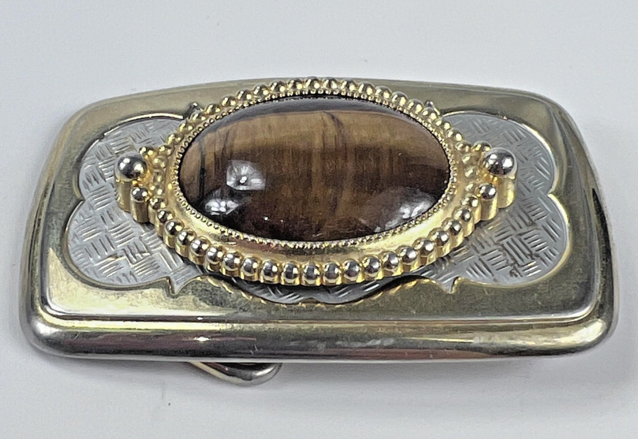 Vintage Western Belt Buckle Gold Silver Tone Tiger&rsquo;s Eye Oval Cowboy Accessory