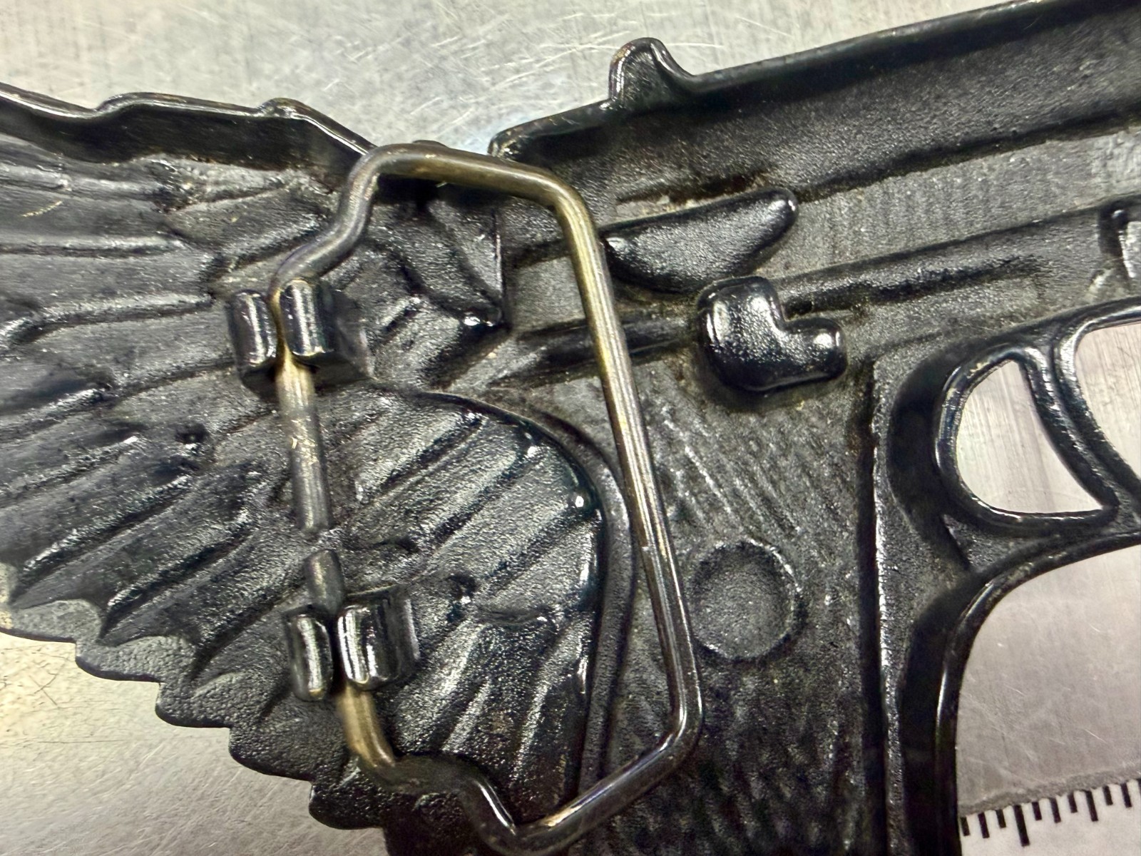 Winged Gun Flying Pistol Handgun Figural Cutout Brass Tone Large Belt Buckle