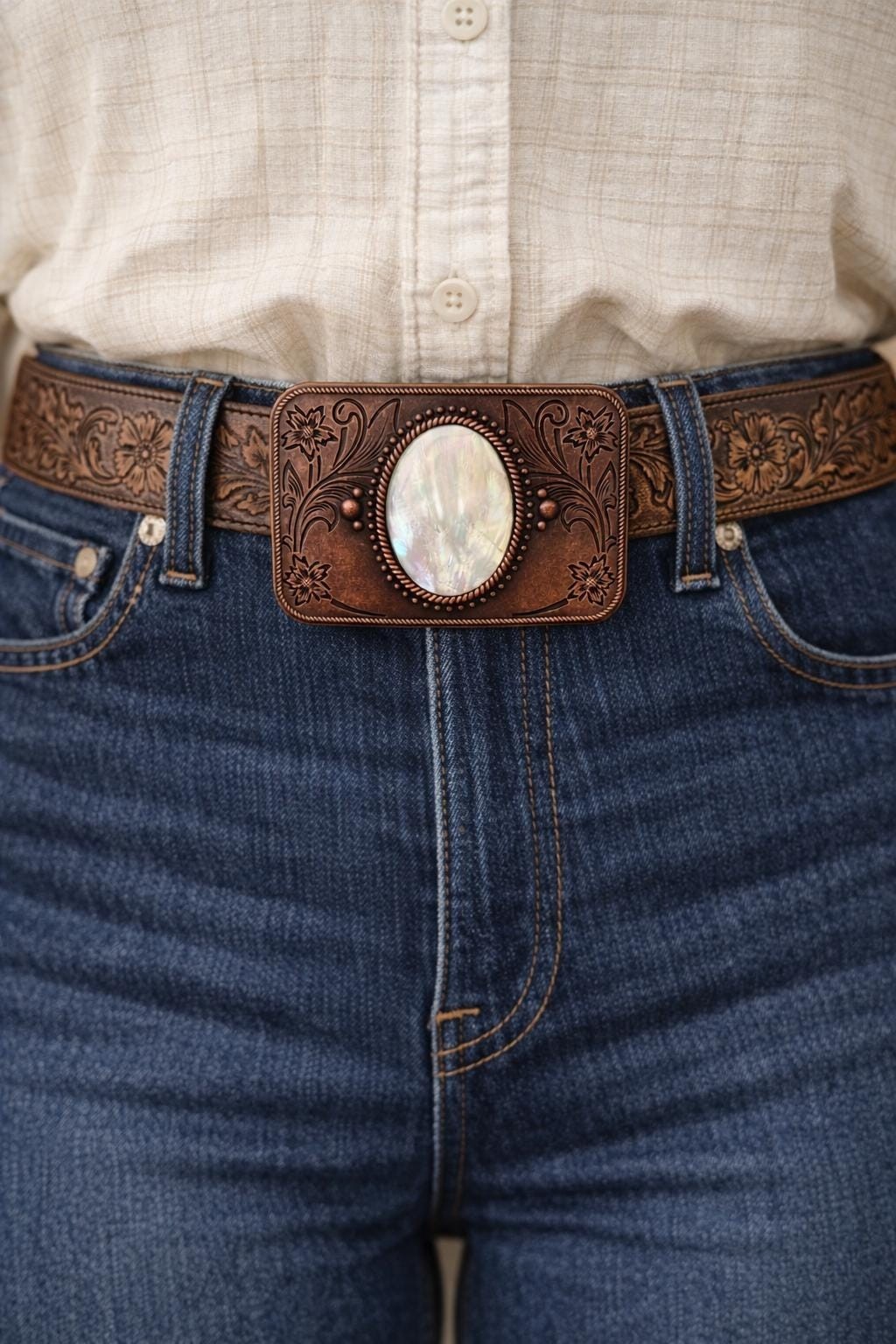 Mother of Pearl Shell Belt Buckle Bronze Engraved Floral Fits 1.5 Inch Belt