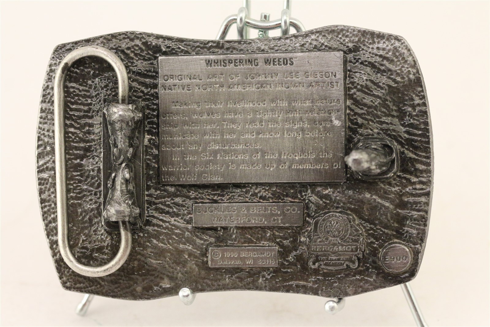 1990 Bergamot Brass Works Whispering Weeds Wolves Belt Buckle