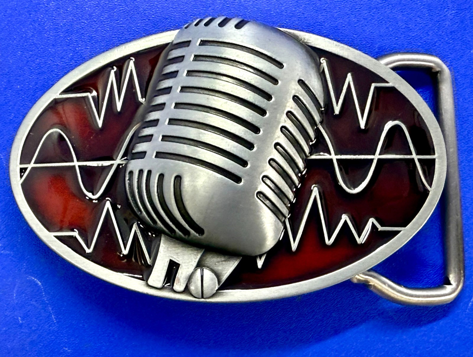 Retro Music Elvis Style Microphone Red Enameled Musician Ribbon Mic Belt Buckle