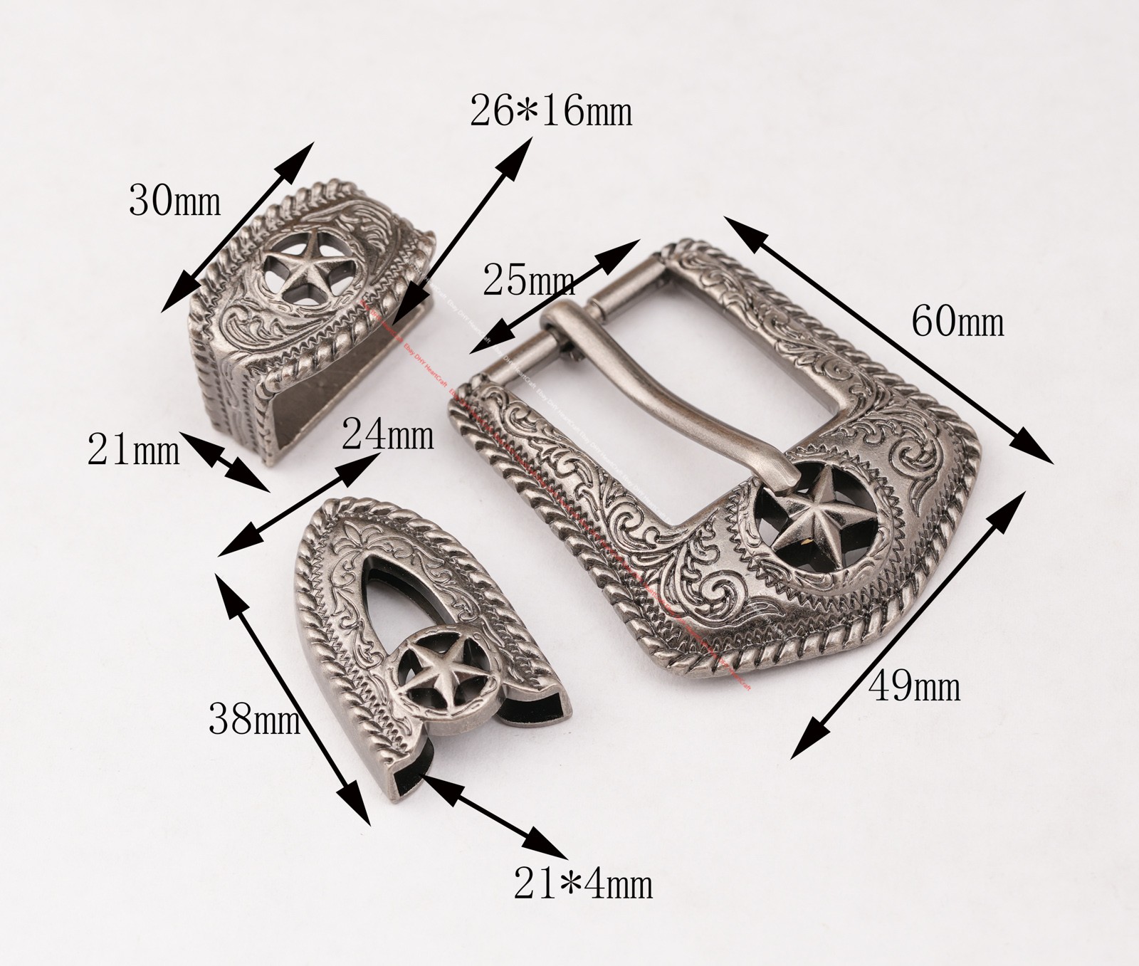 25MM Western Texas Star Leathercraft Belt Buckle Set 3-Piece Filigree Engraved