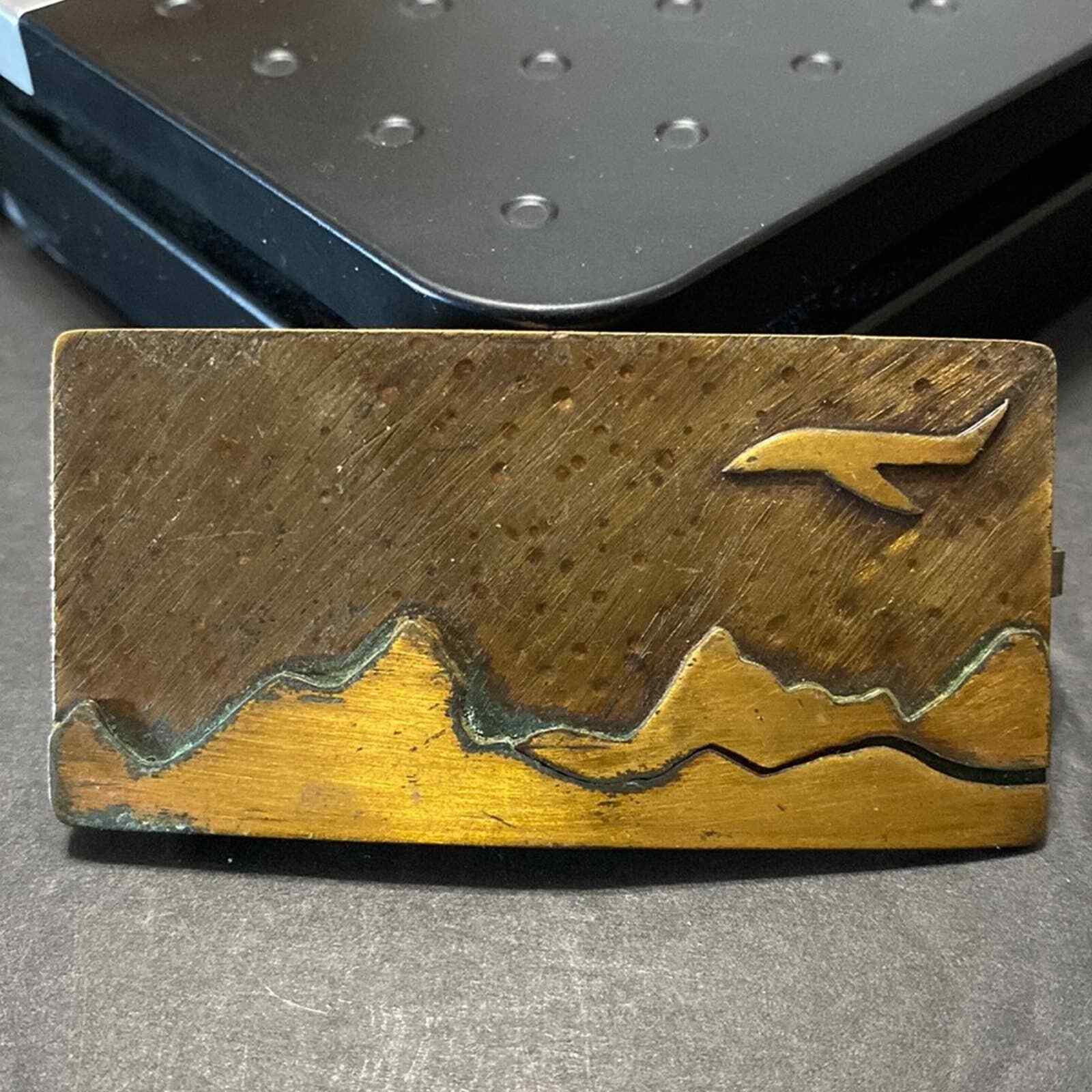 Vintage Handcrafted Artisan Brass Airline Airplane Mountains Tooled Belt Buckle