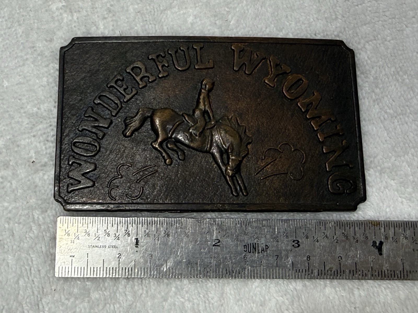 Vintage Wonderful Wyoming Belt Buckle Cowboy On 4”Bucking Bronco (s5)
