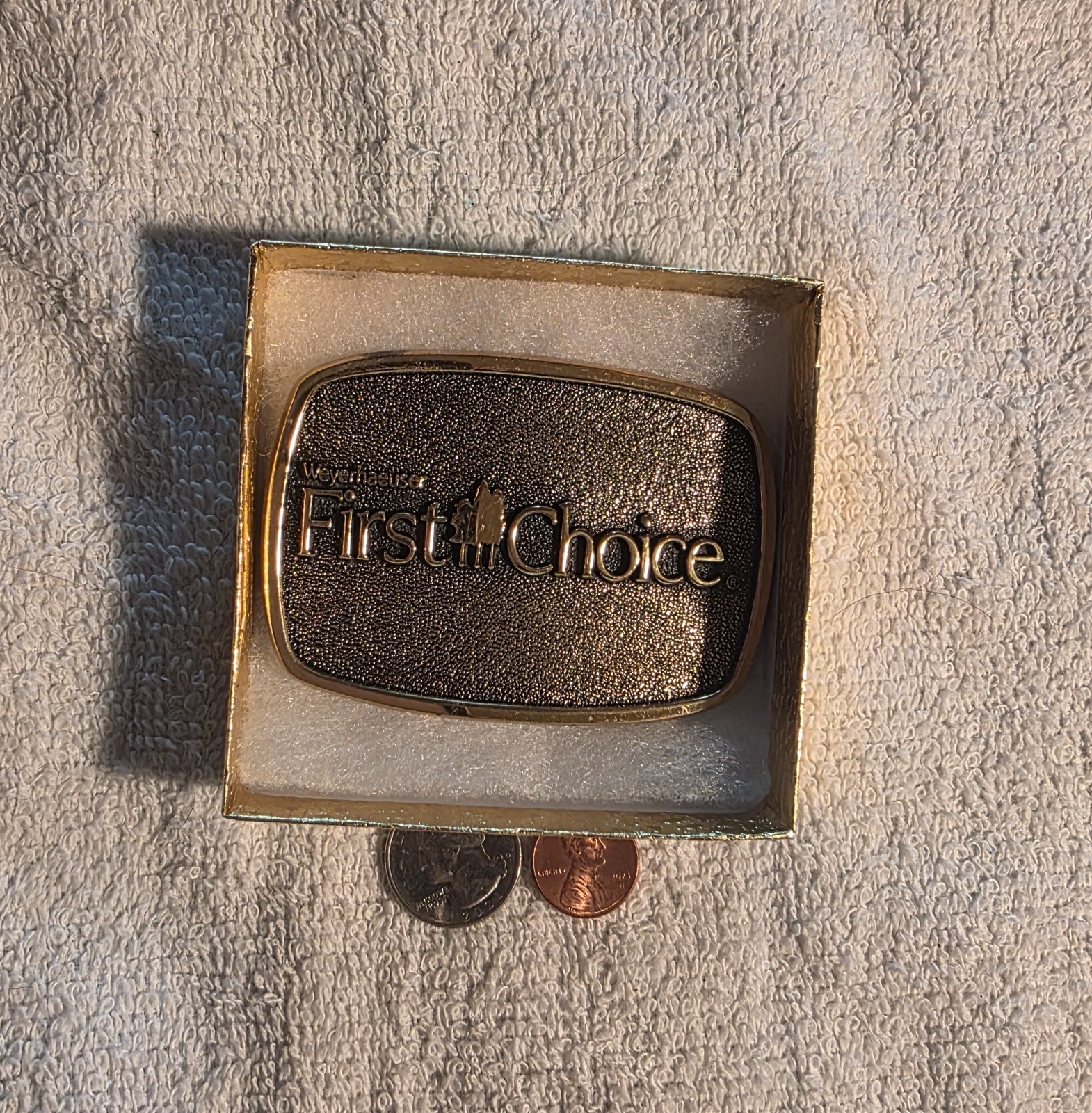 Vintage 1983 Metal Belt Buckle, Brass, Weyerhaeuser, First Choice, Lumber, Nice