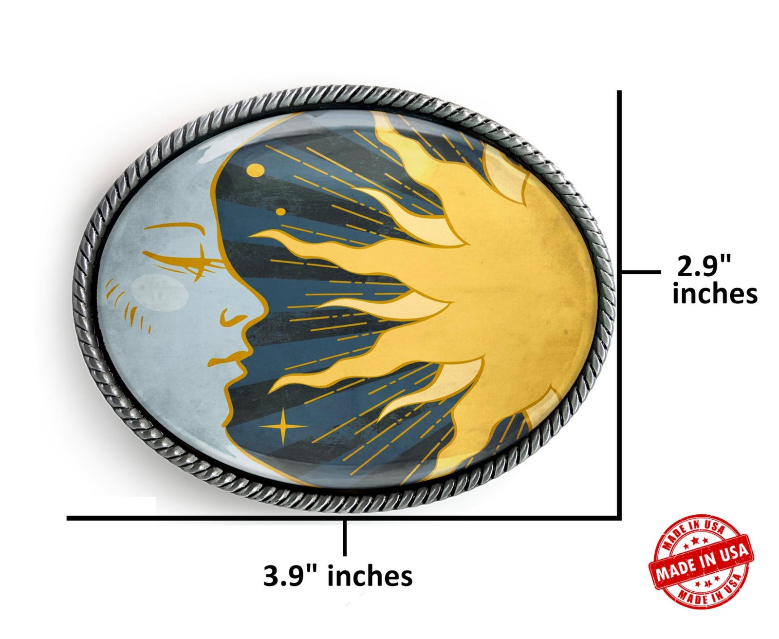 Sun and Moon Belt Buckle – Celestial New Age Art Handmade Silver Buckle – 916