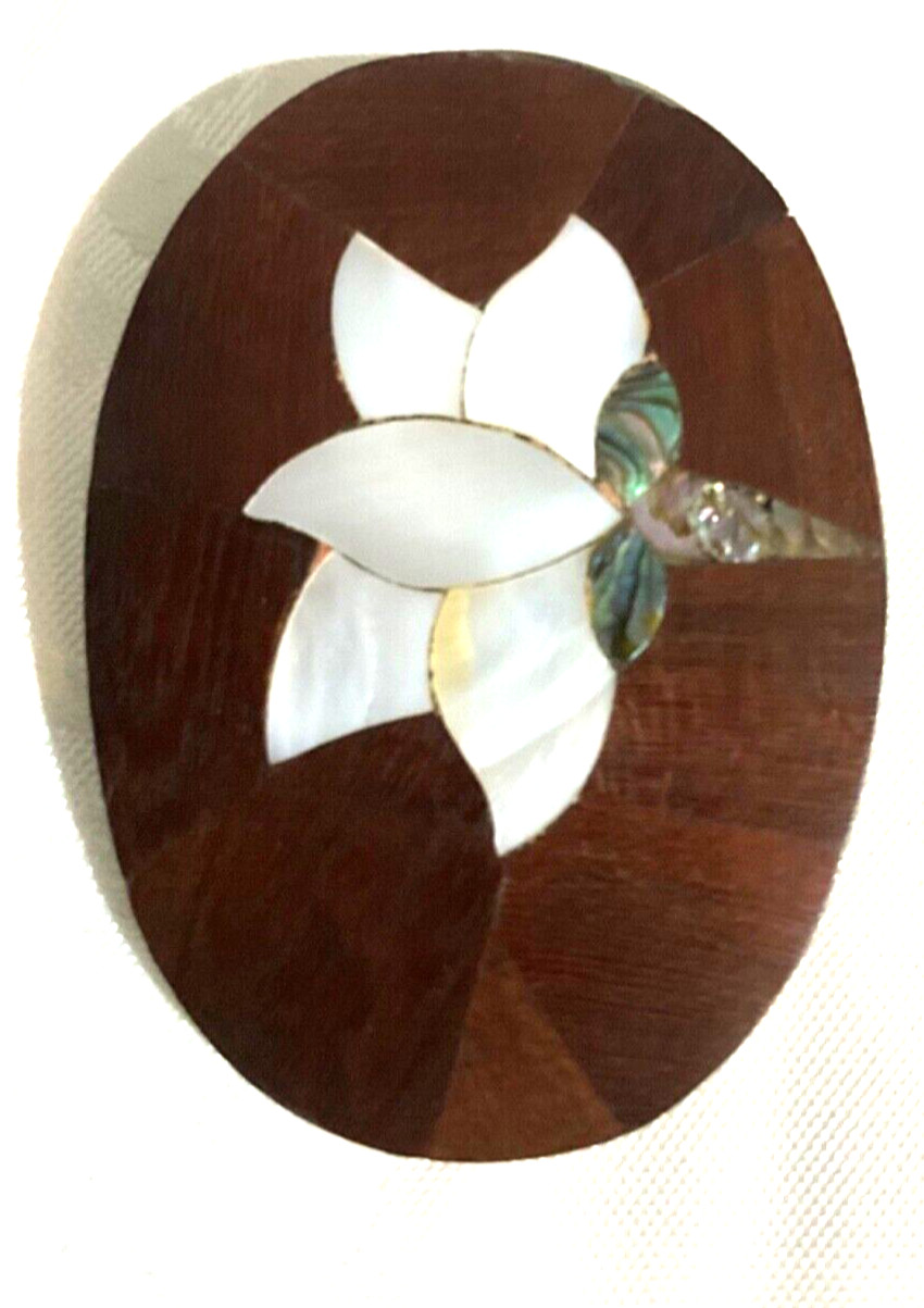 Belt Buckle VTG Mexico Metal Red Rose Wood Mother of Pearl Inlaid