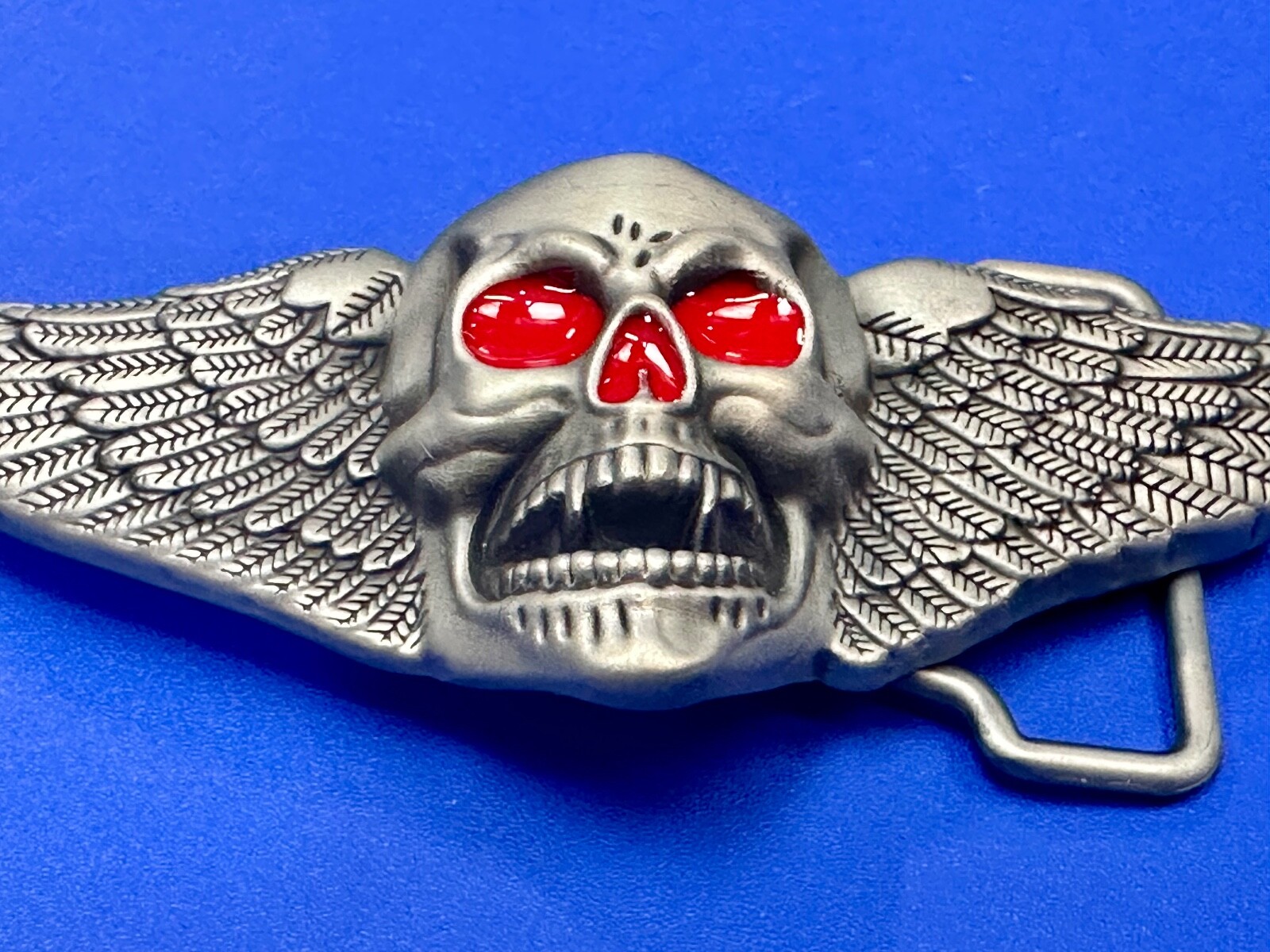 Skull With Fangs And Bright Red Eyes Cutout Large Wide Belt Buckle